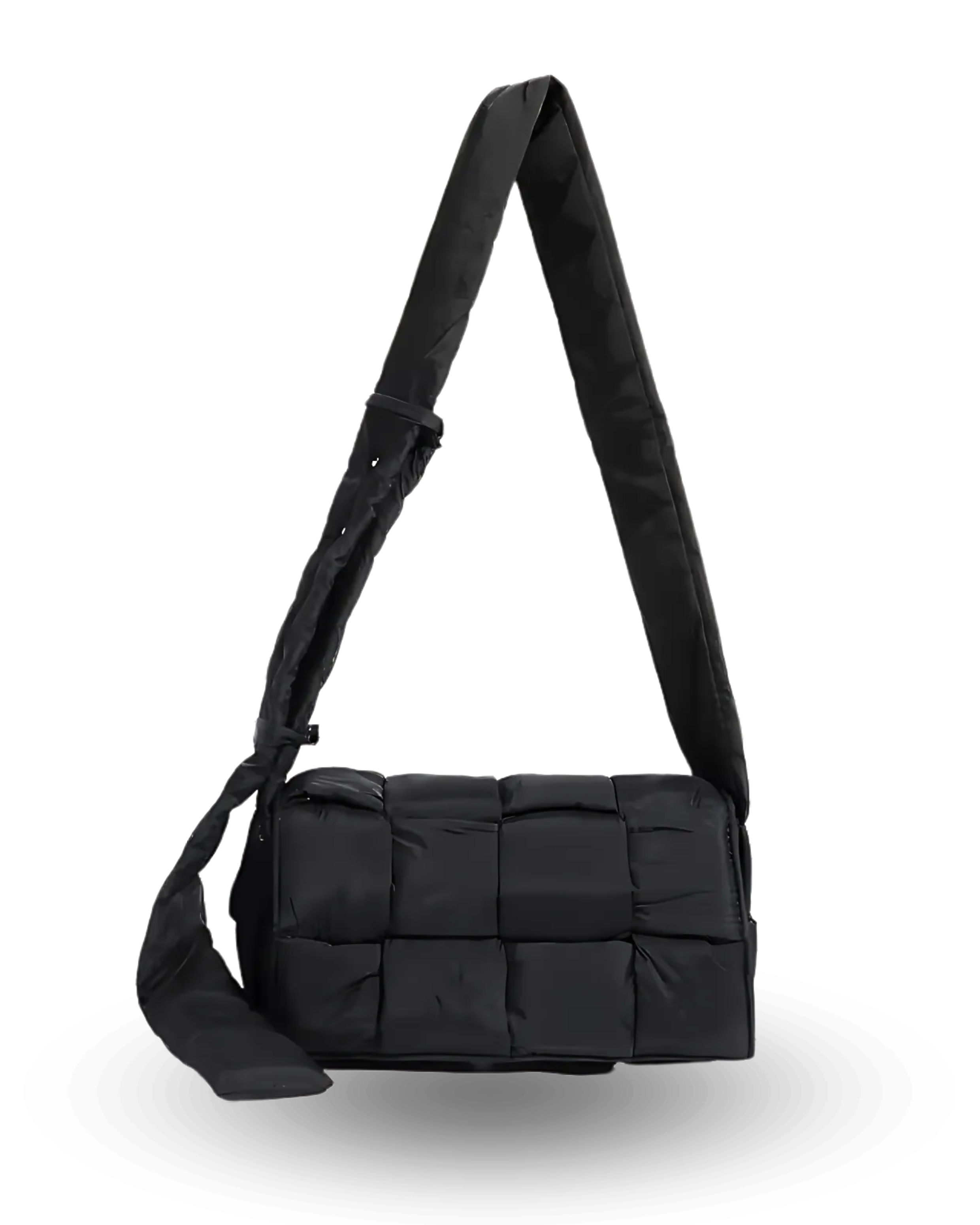 Black padded shoulder bag with quilted design, rectangular shape, and wide adjustable strap.