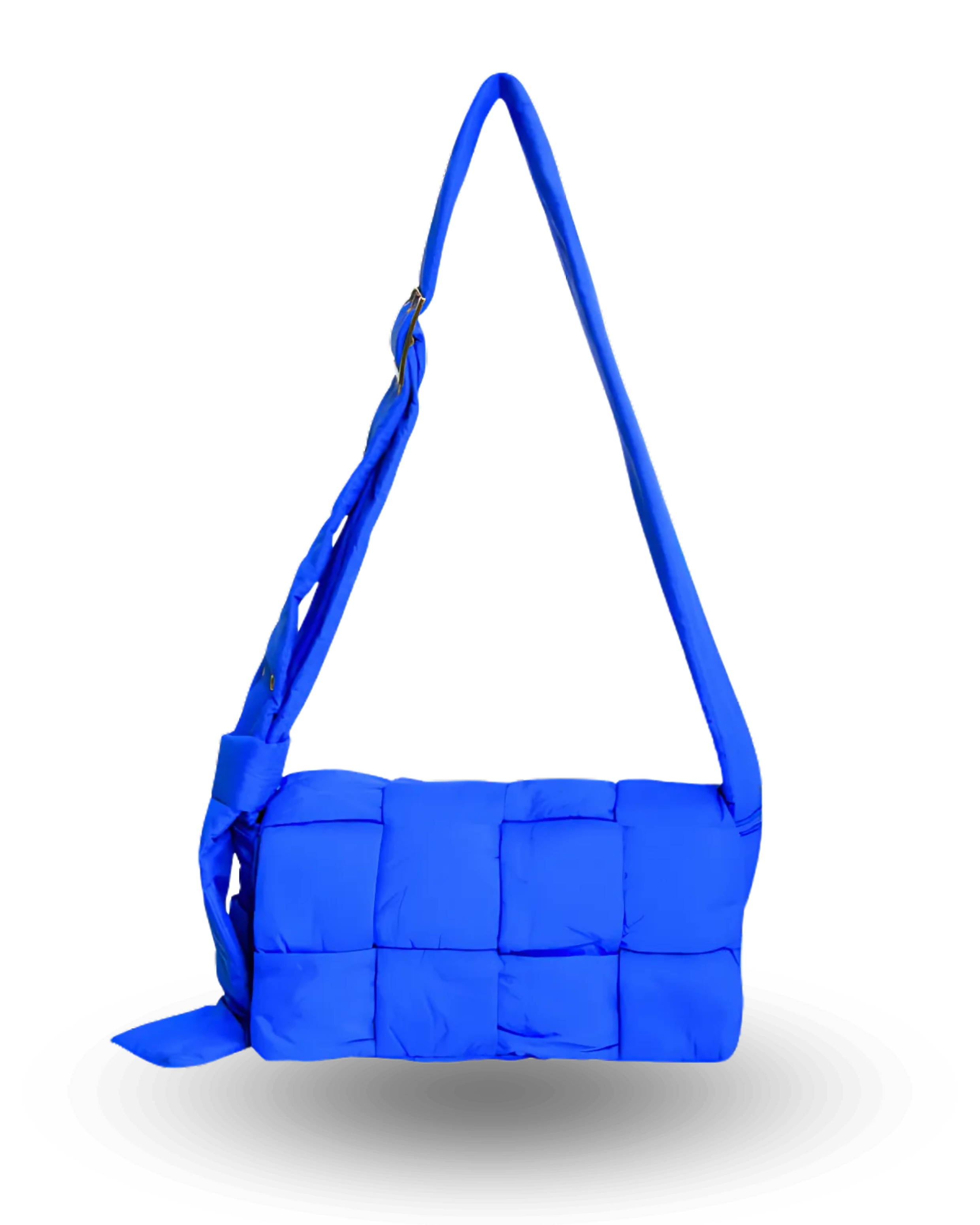 Blue padded shoulder bag with quilted design, rectangular shape, and wide adjustable strap.