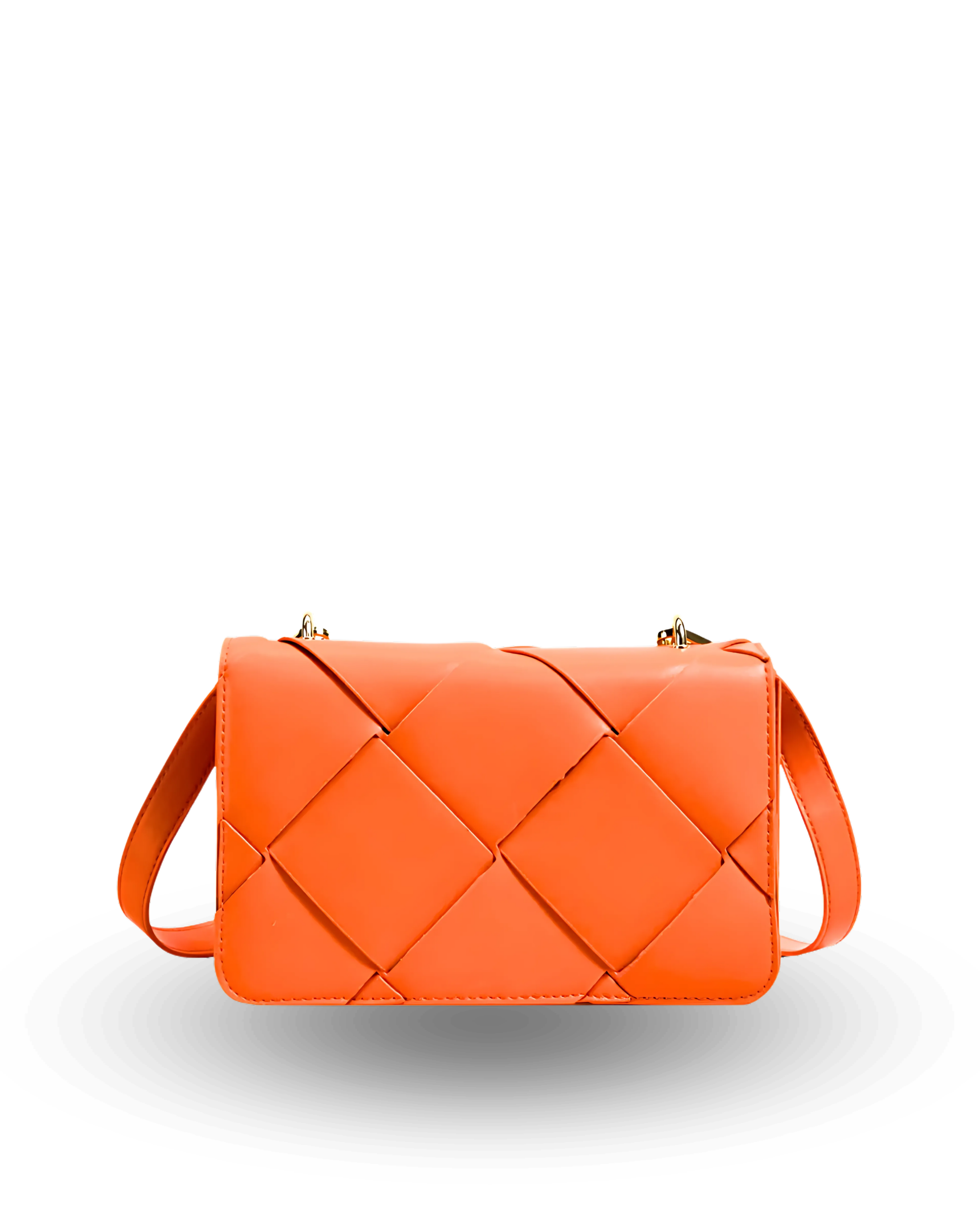 Orange woven handbag on a white background