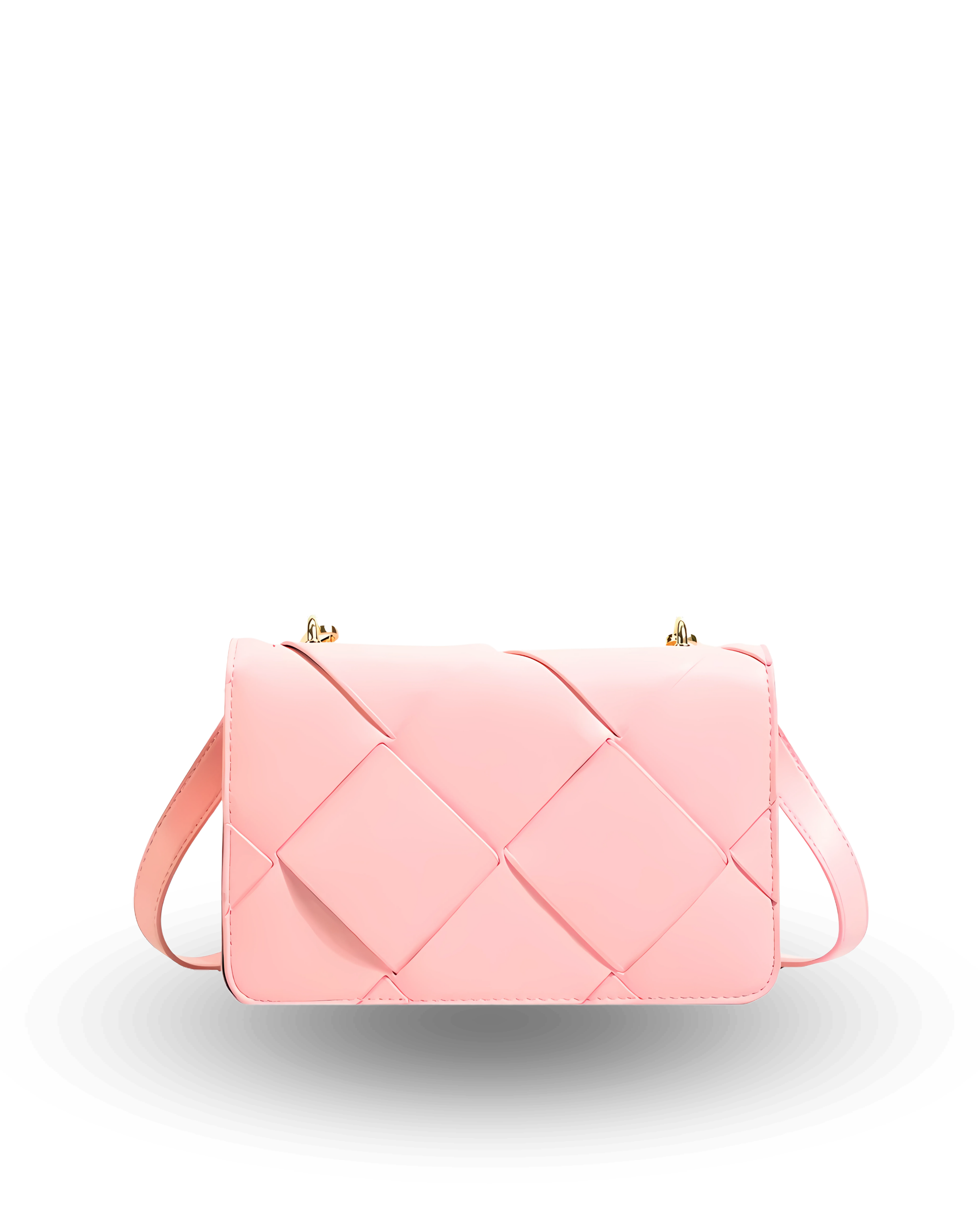 Pink handbag with a woven design on a white background