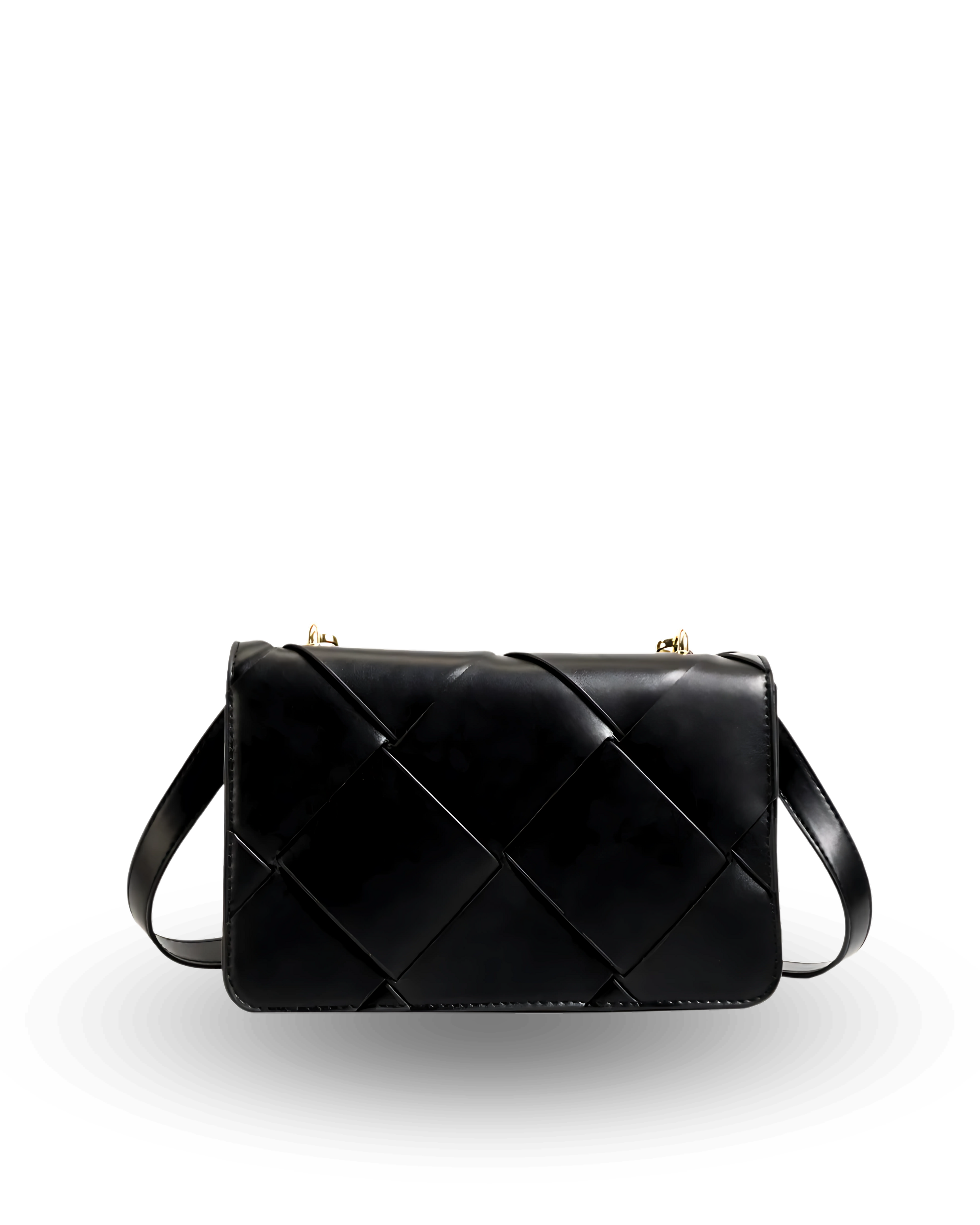 Black quilted handbag on a white background