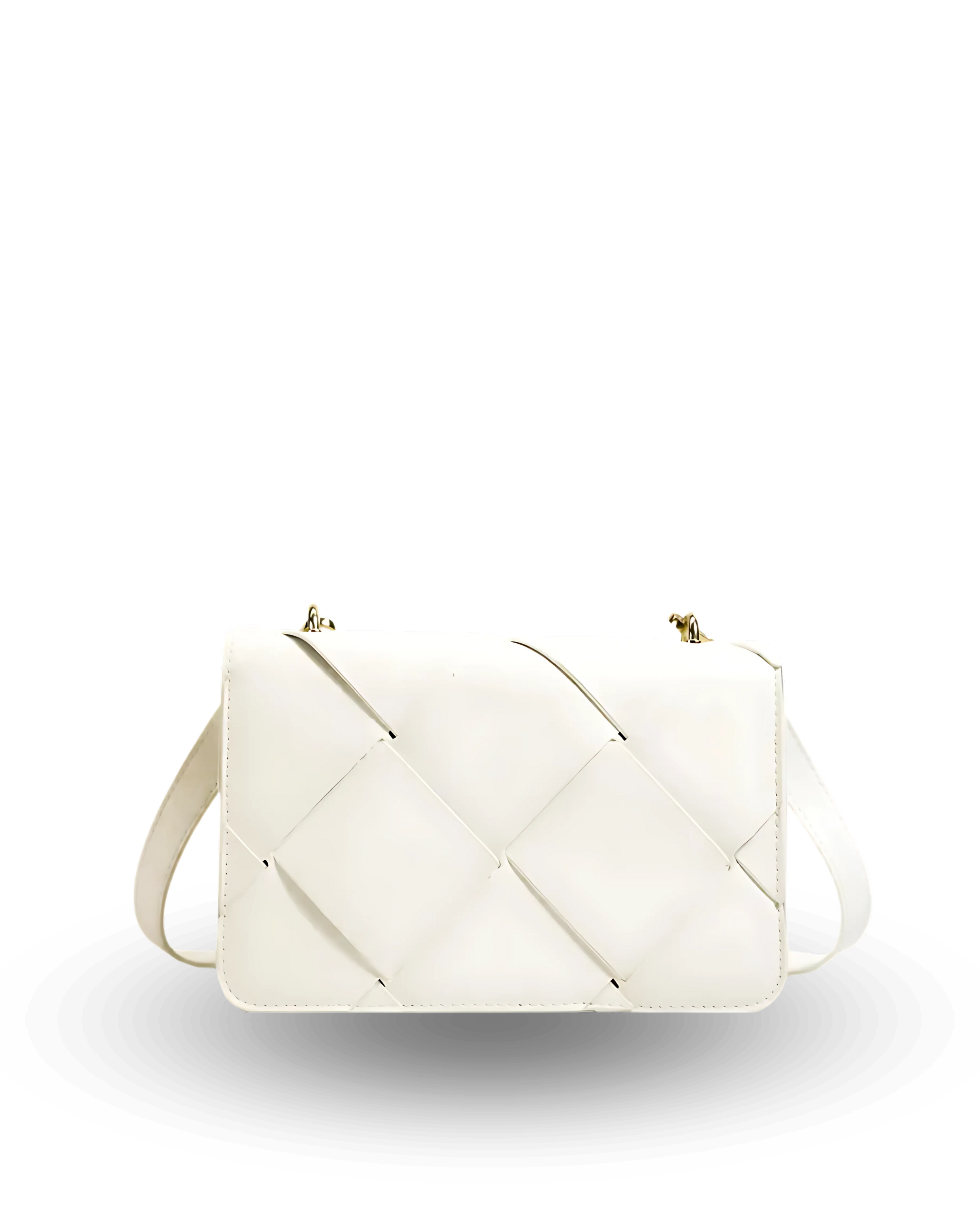 White handbag with braided design on a white background