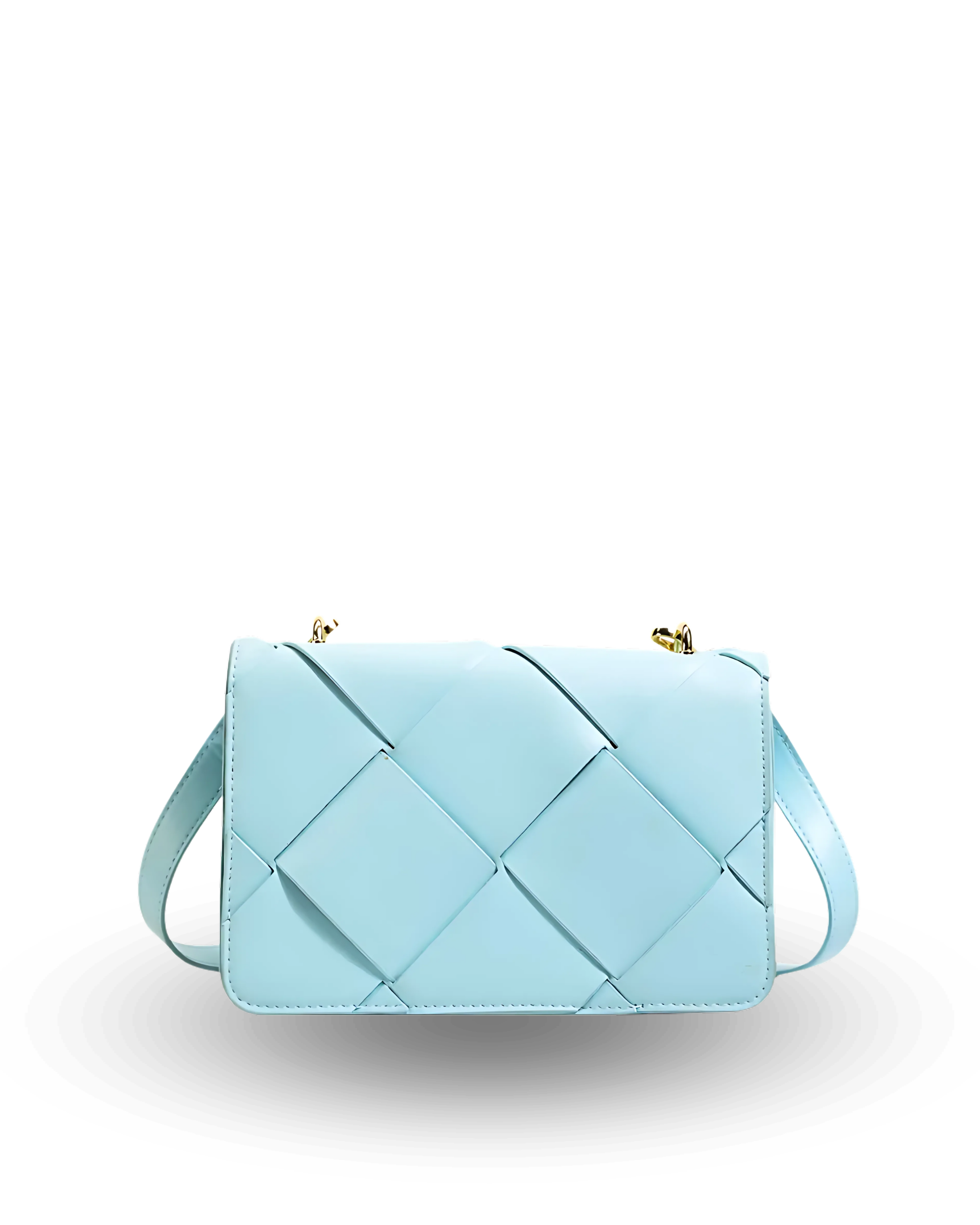 Light blue woven handbag on a white background