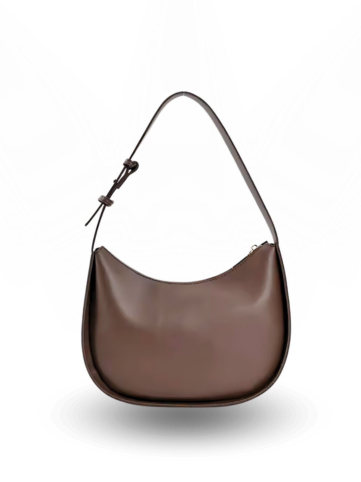 Curved crescent-shaped brown handbag with a rounded base, smooth minimalist design, and a single adjustable shoulder strap for a sleek modern look.