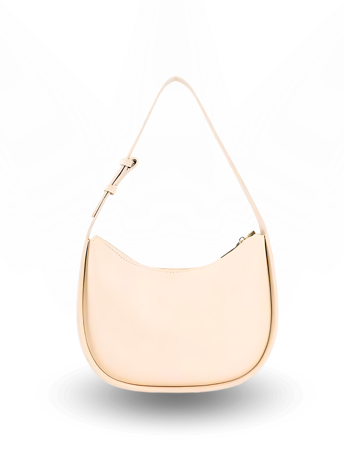 Curved crescent-shaped cream handbag with a rounded base, smooth minimalist design, and a single adjustable shoulder strap for a sleek modern look.