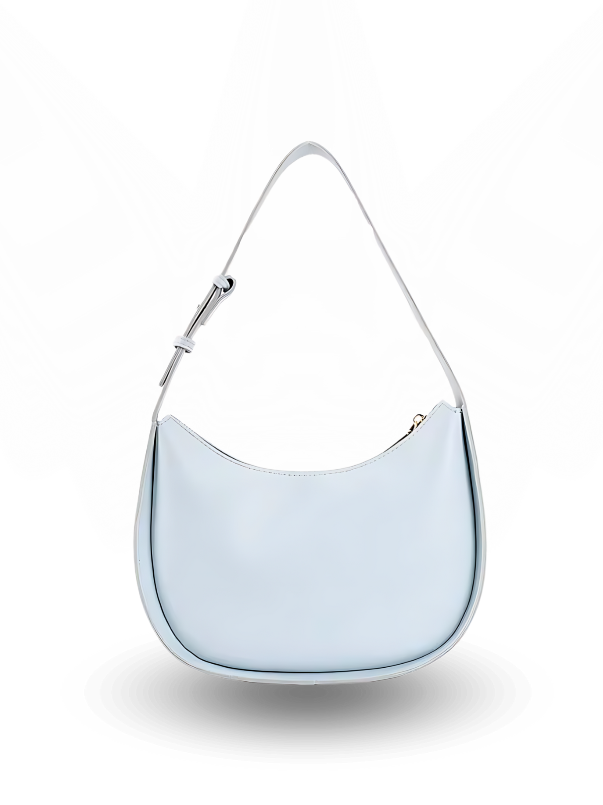 Curved crescent-shaped light blue handbag with a rounded base, smooth minimalist design, and a single adjustable shoulder strap 