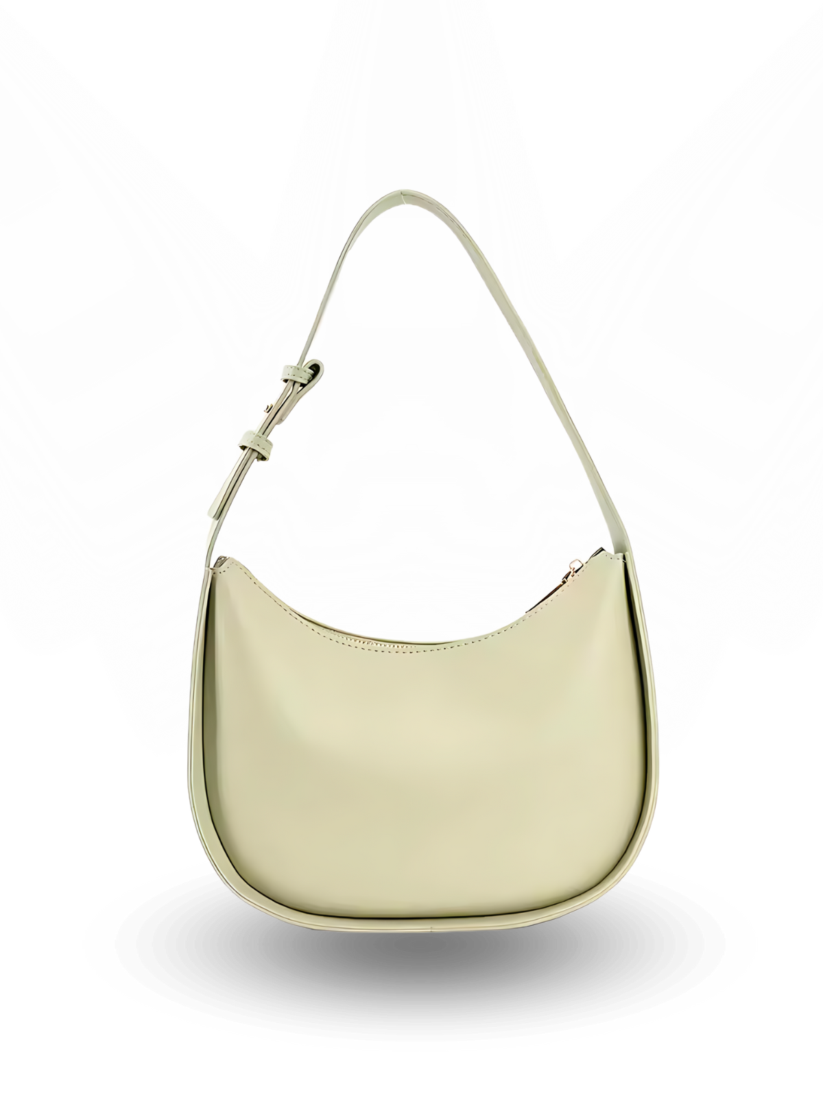 Curved crescent-shaped light green handbag with a rounded base, smooth minimalist design, and a single adjustable shoulder strap 