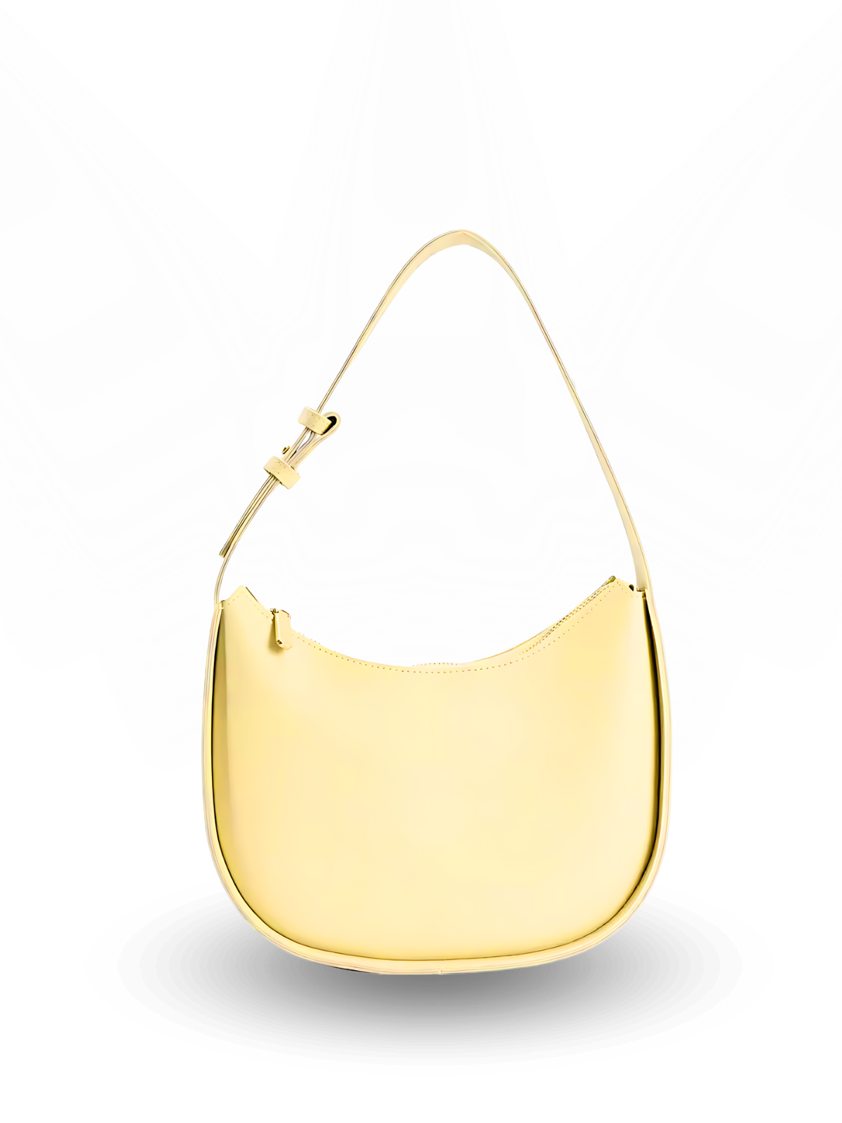 Curved crescent-shaped light yellow handbag with a rounded base, smooth minimalist design, and a single adjustable shoulder strap for a sleek modern look.