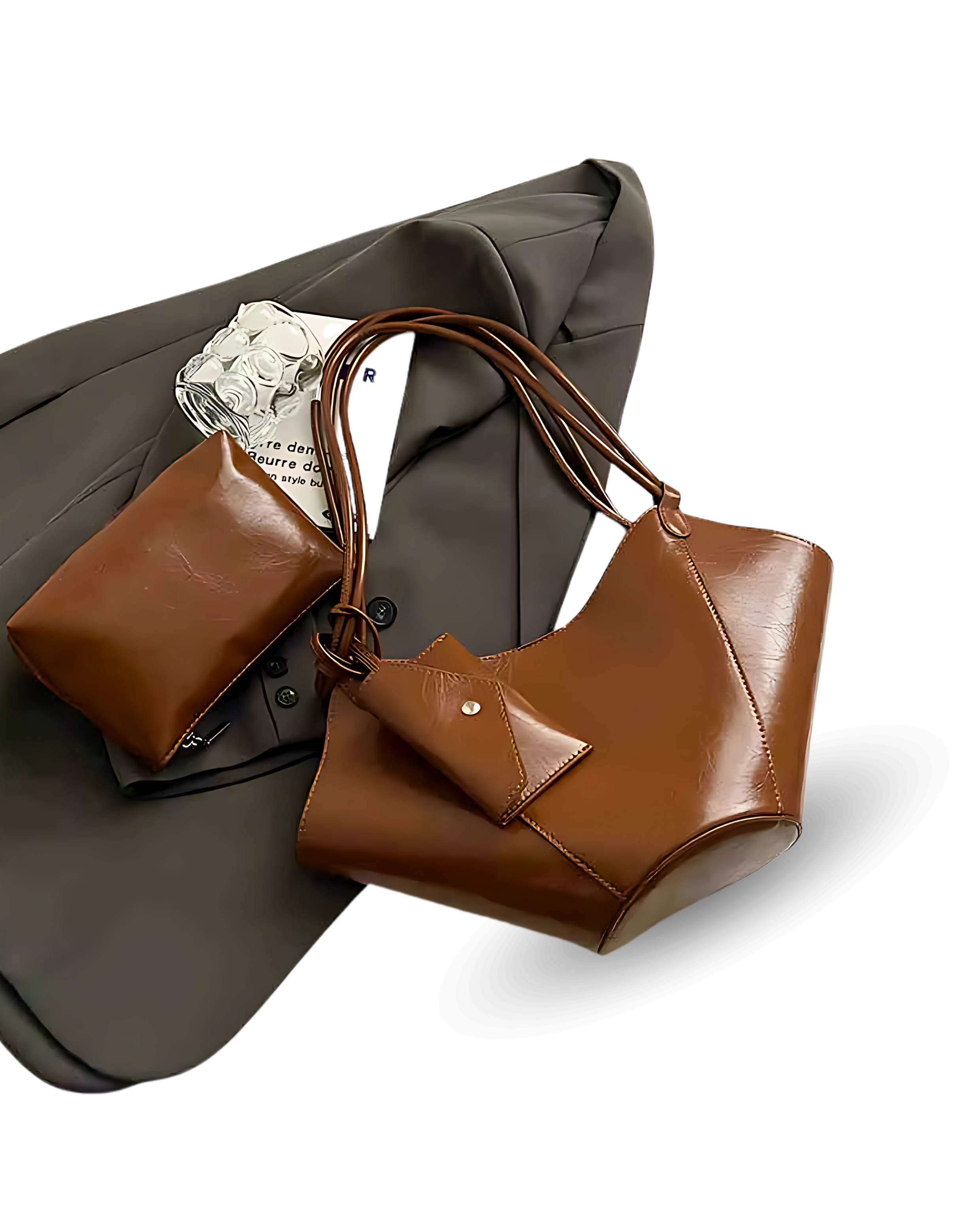 Unique brown vegan leather handbag with sculpted, winged sides, dual shoulder straps, and a matching pouch accessory