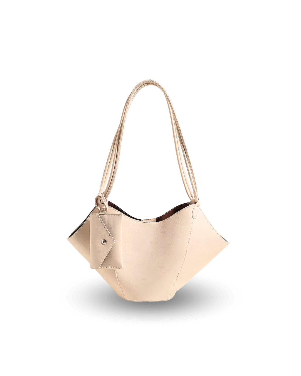 Unique cream vegan leather handbag with sculpted, winged sides, dual shoulder straps, and a matching pouch accessory