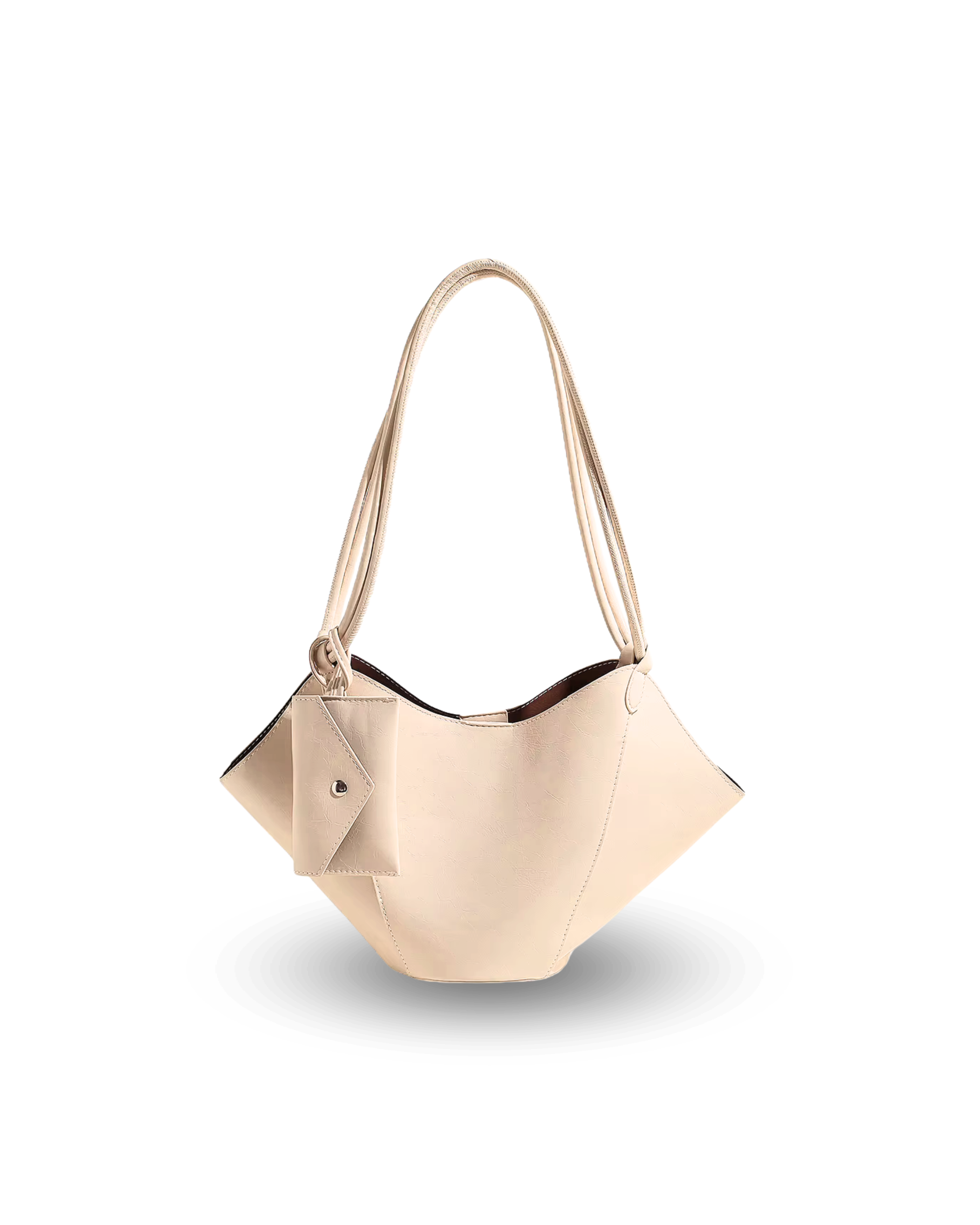 Unique cream vegan leather handbag with sculpted, winged sides, dual shoulder straps, and a matching pouch accessory