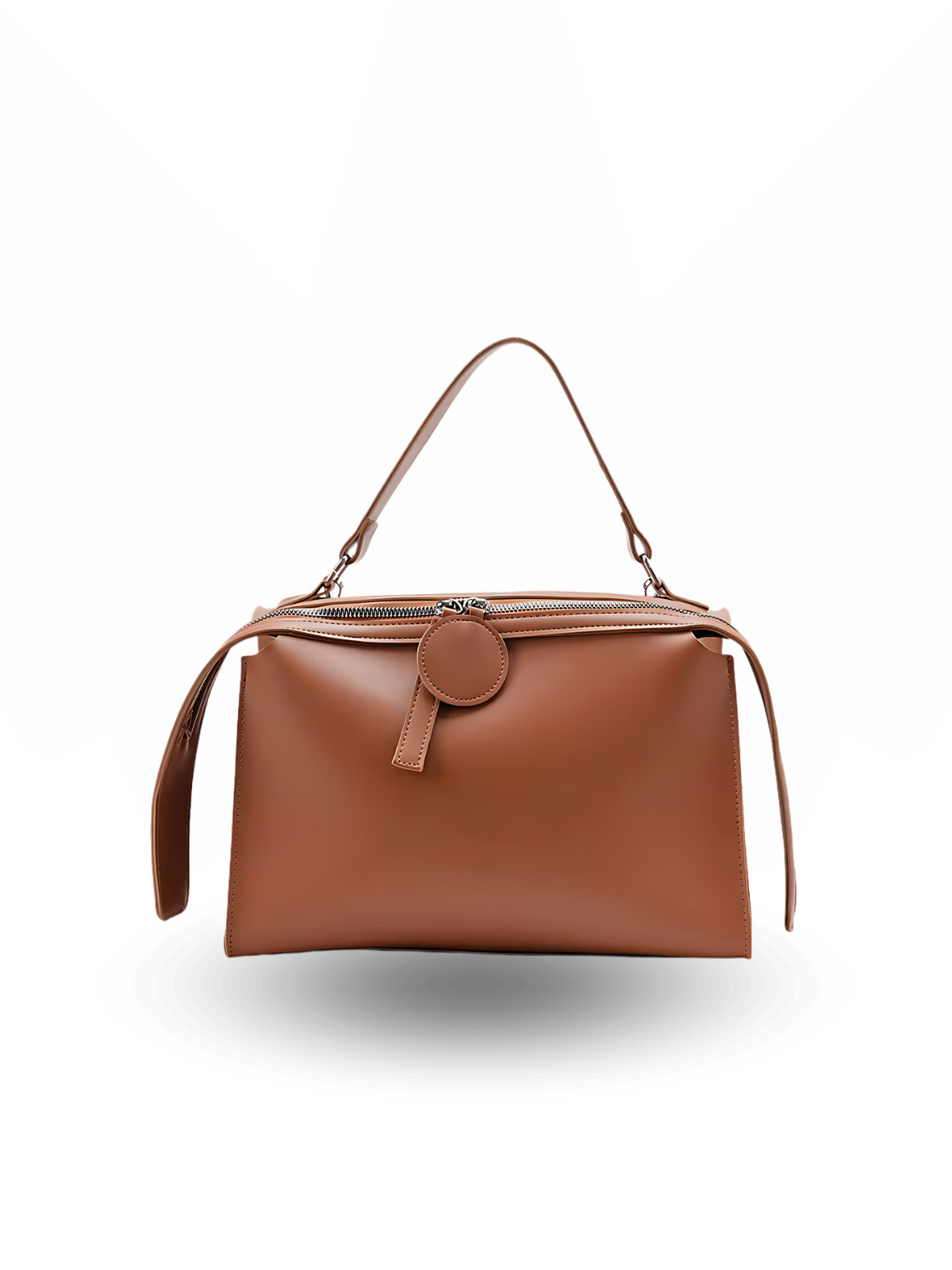 Rectangular brown leather handbag with a structured boxy shape, top zipper closure, circular tab detail, and a single short handle for a polished modern style.