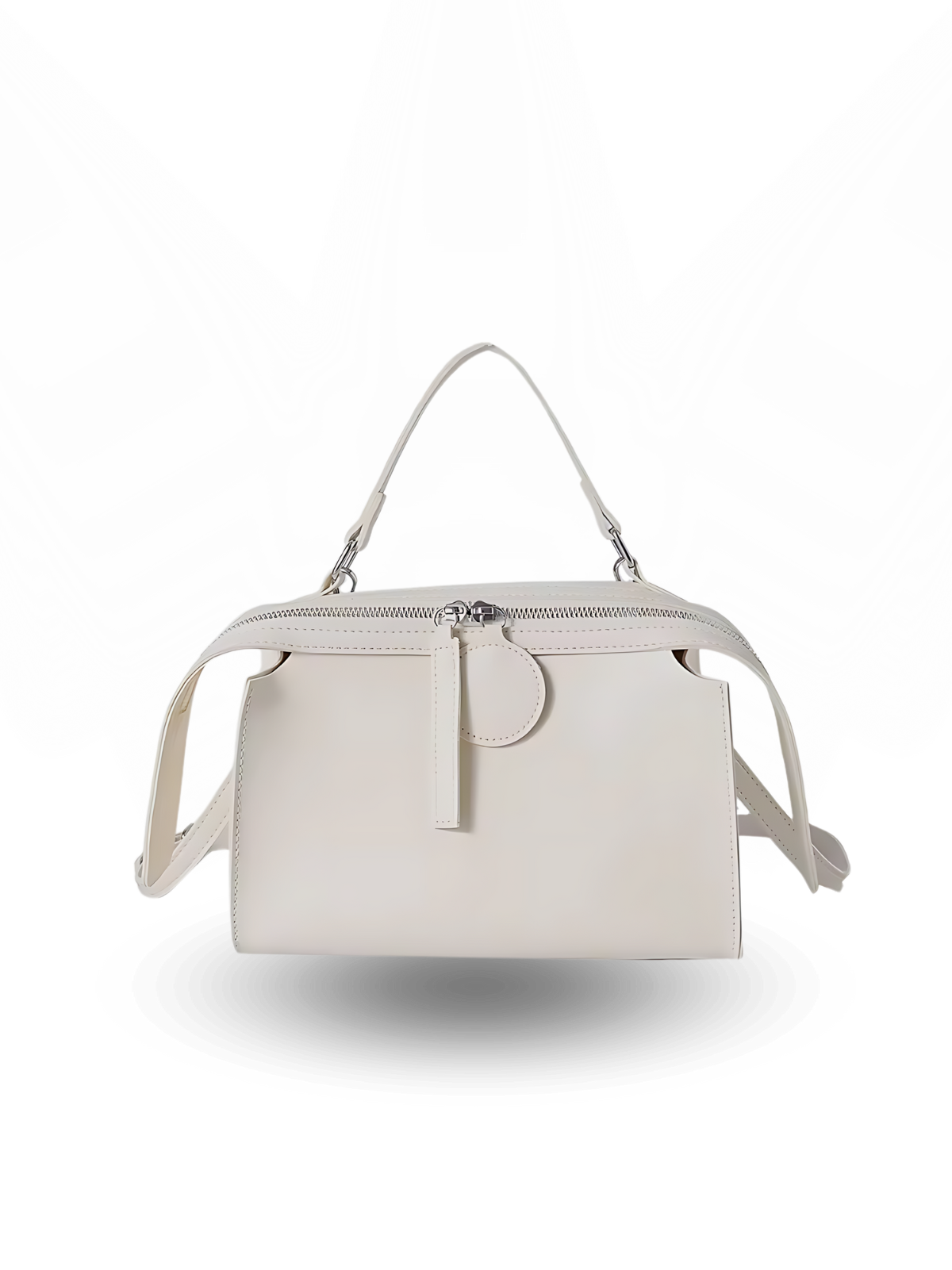 Rectangular white leather handbag with a structured boxy shape, top zipper closure, circular tab detail, and a single short handle for a polished modern style.