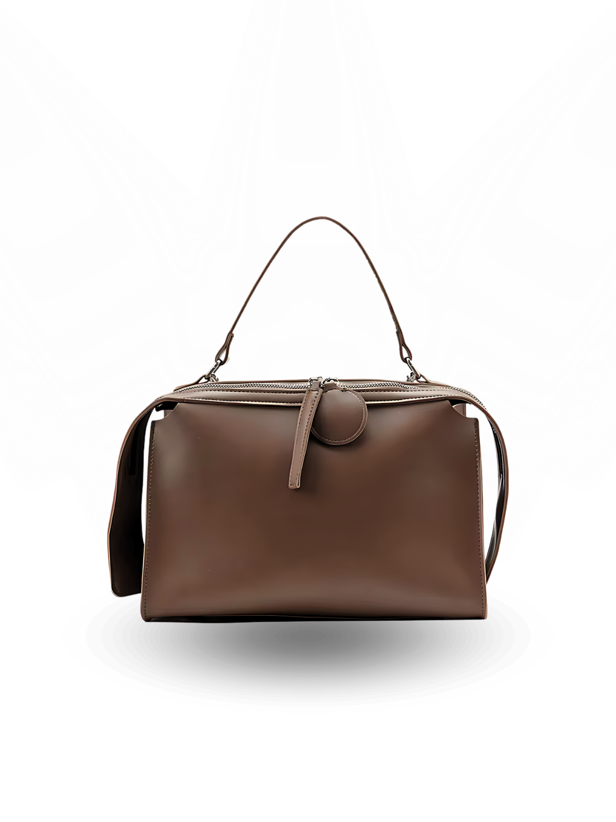 Rectangular brown leather handbag with a structured boxy shape, top zipper closure, circular tab detail, and a single short handle for a polished modern style.