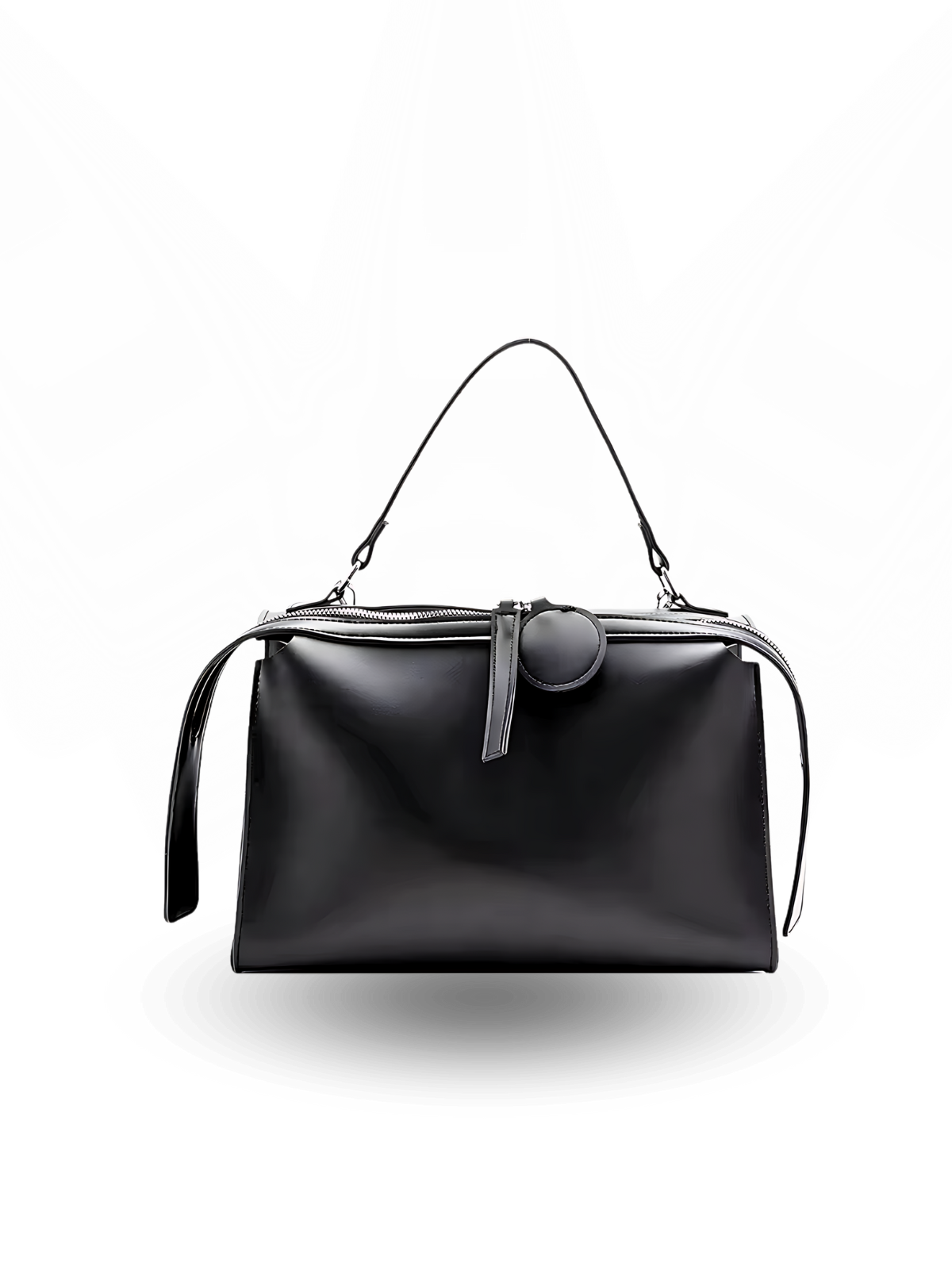 Rectangular black leather handbag with a structured boxy shape, top zipper closure, circular tab detail, and a single short handle for a polished modern style.