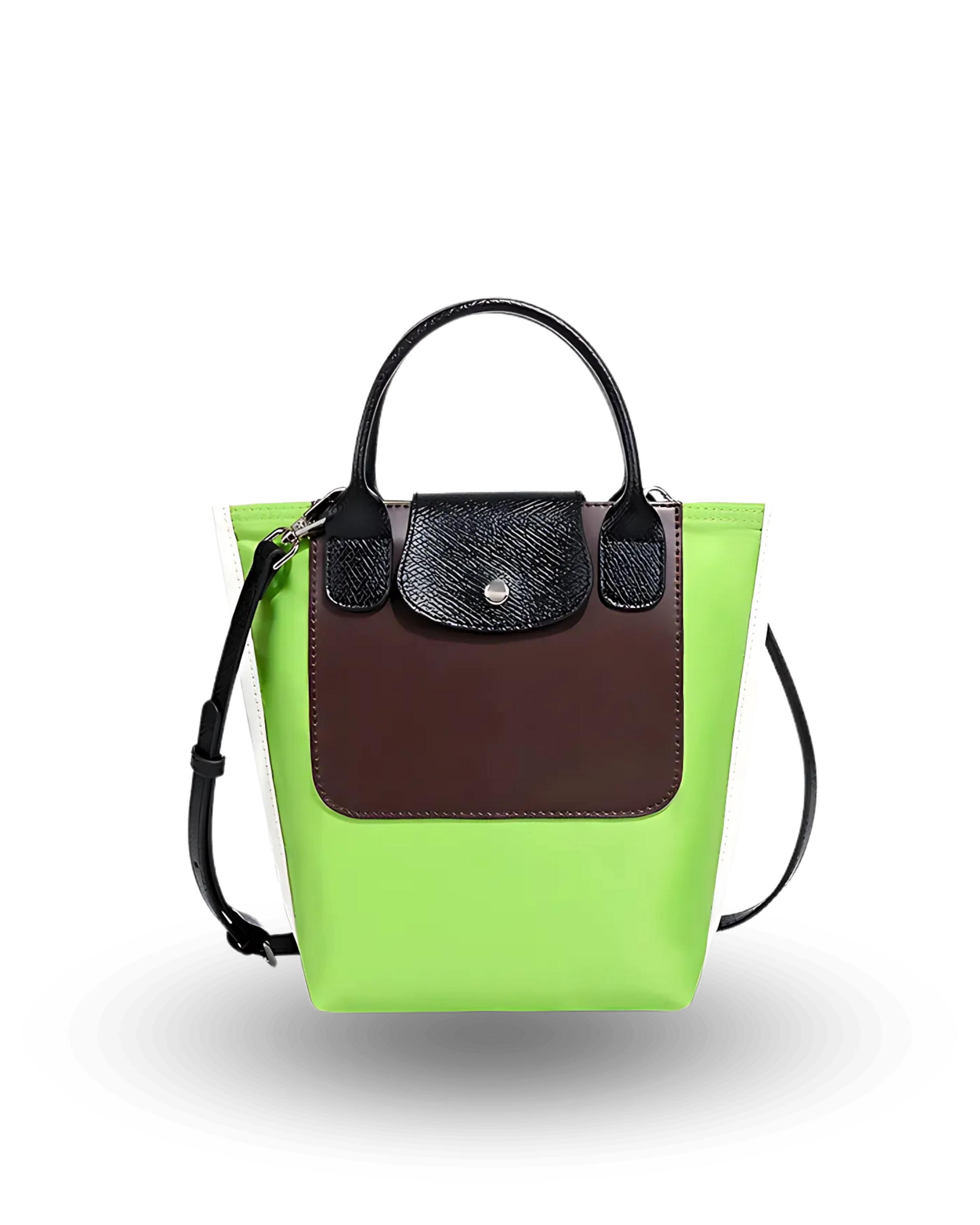 Green and brown mini tote bag with black handles, detachable crossbody strap, and front flap closure, crafted from vegan materials