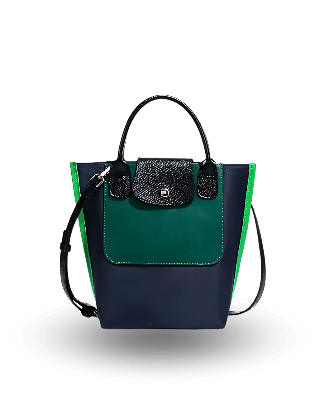 Navy and green handbag with a black strap on a white background