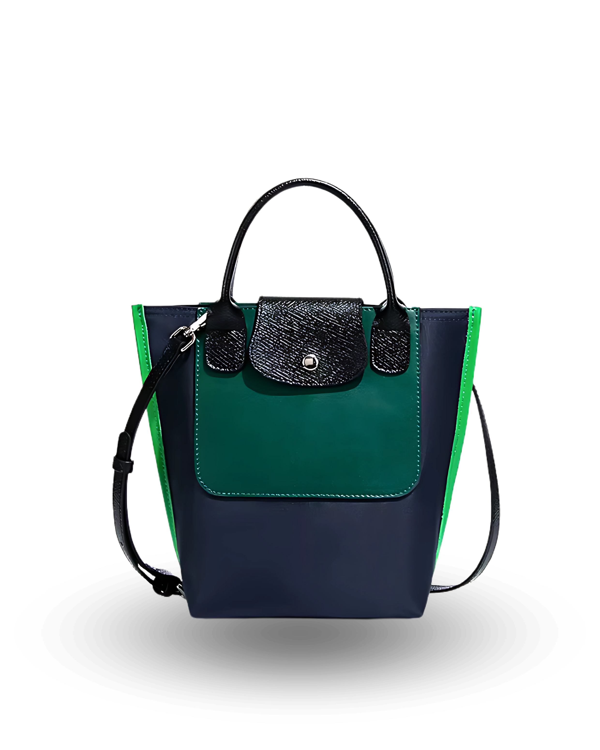 Navy and green handbag with a black strap on a white background