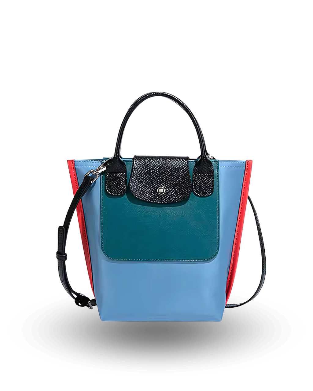 Blue handbag with black and red accents on a white background