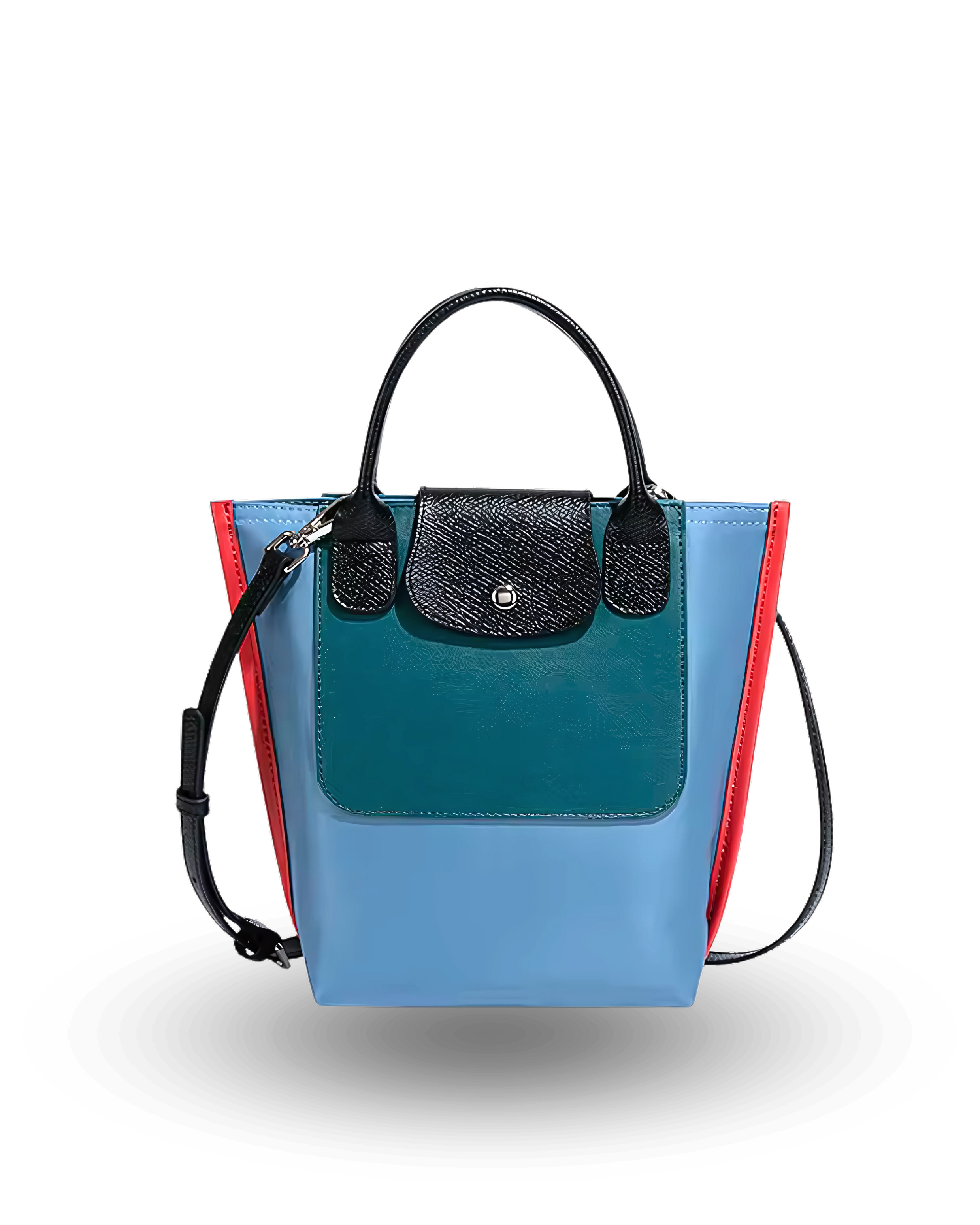 Blue handbag with black and red accents on a white background