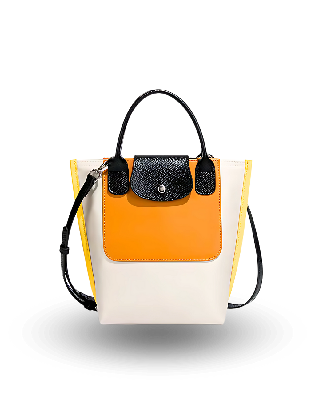 Multicolored handbag with black handle and strap on a white background