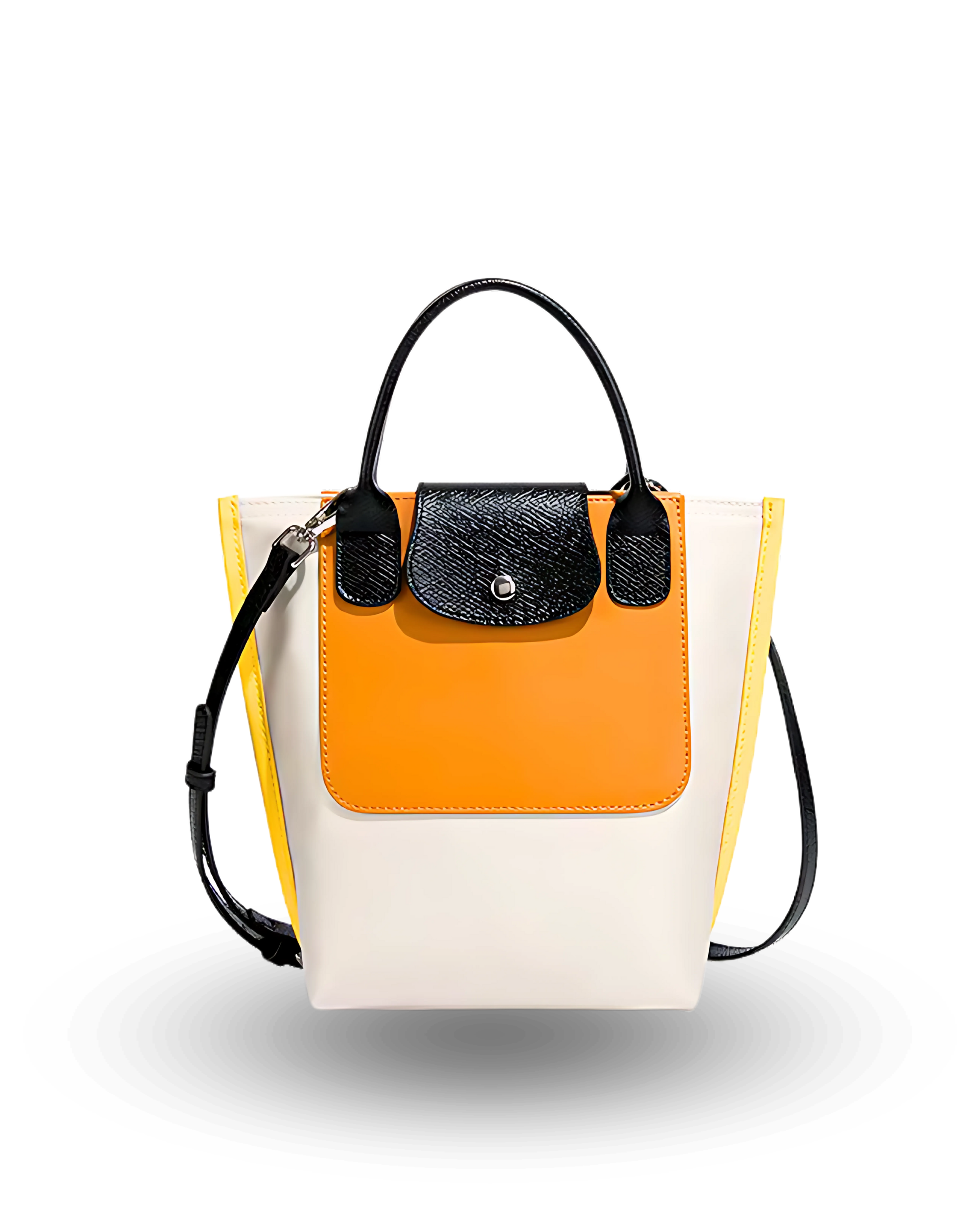 Multicolored handbag with black handle and strap on a white background