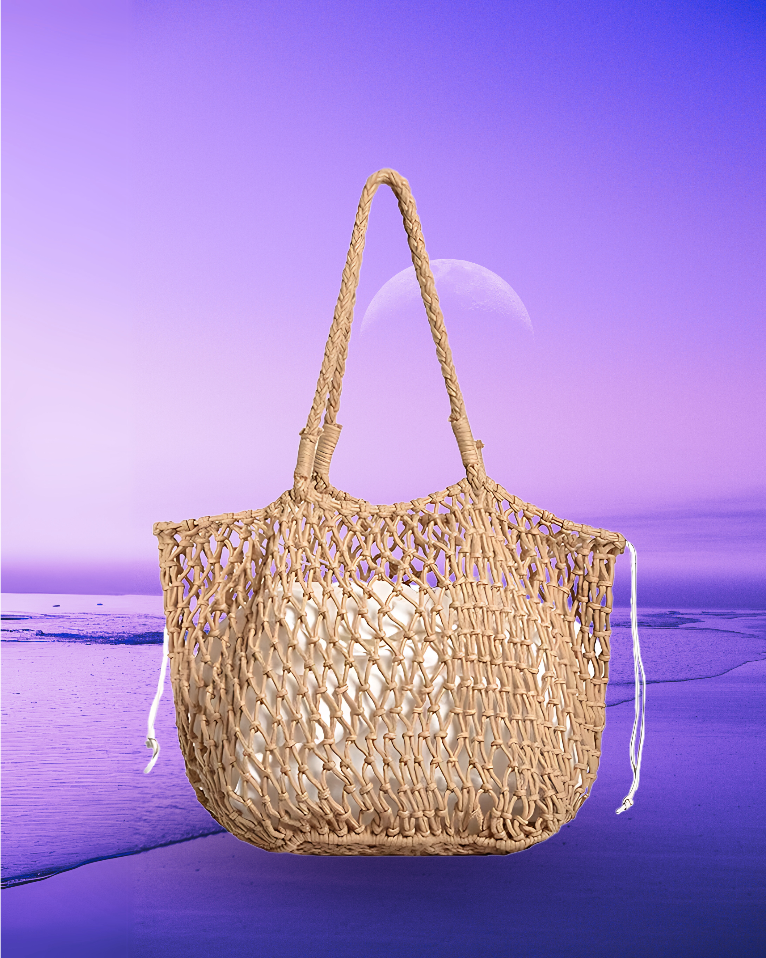Square-shaped nude macramé net tote bag with an open woven design, rounded corners, braided shoulder straps, and a drawstring inner pouch.