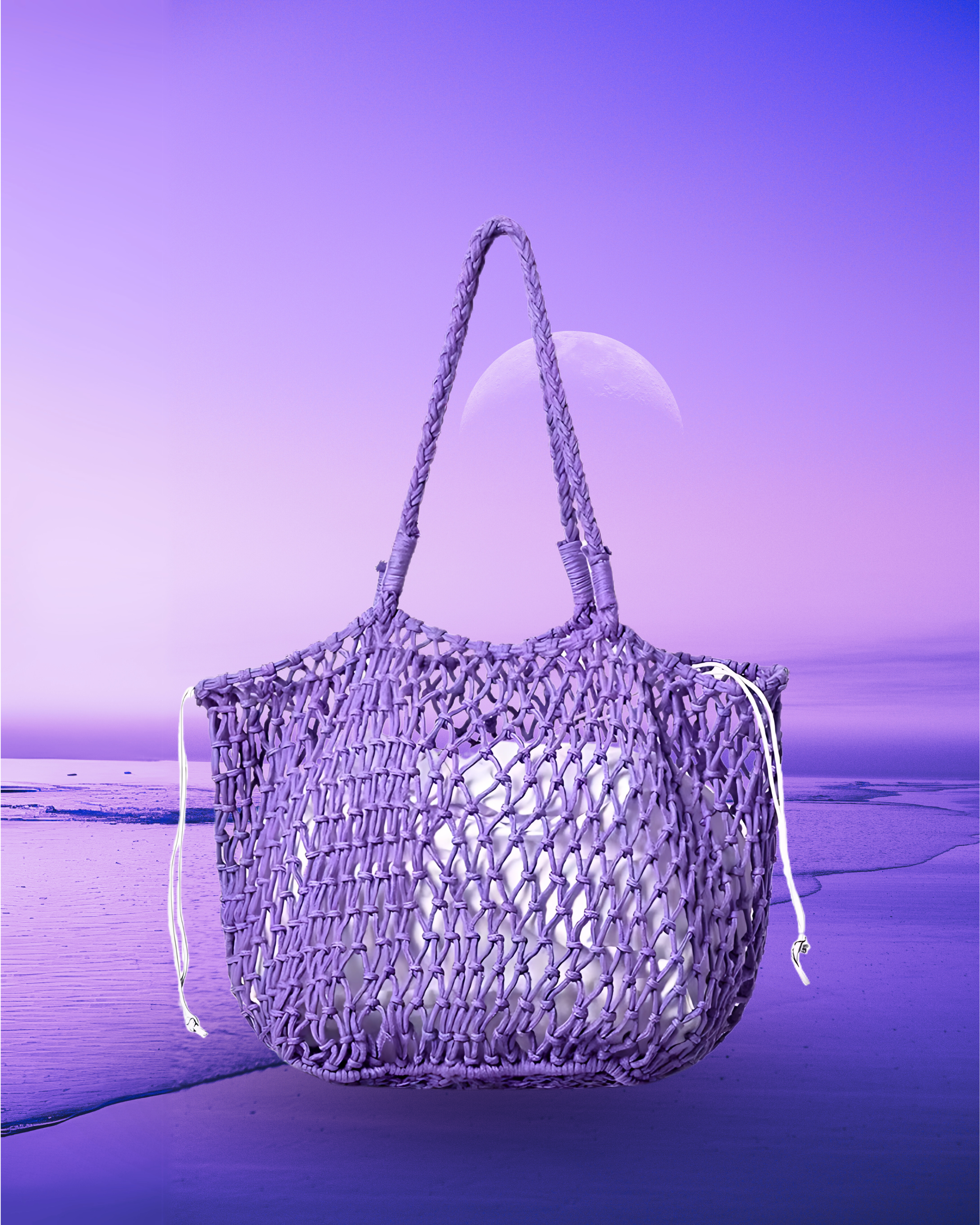 Square-shaped lilac macramé net tote bag with an open woven design, rounded corners, braided shoulder straps, and a drawstring inner pouch.