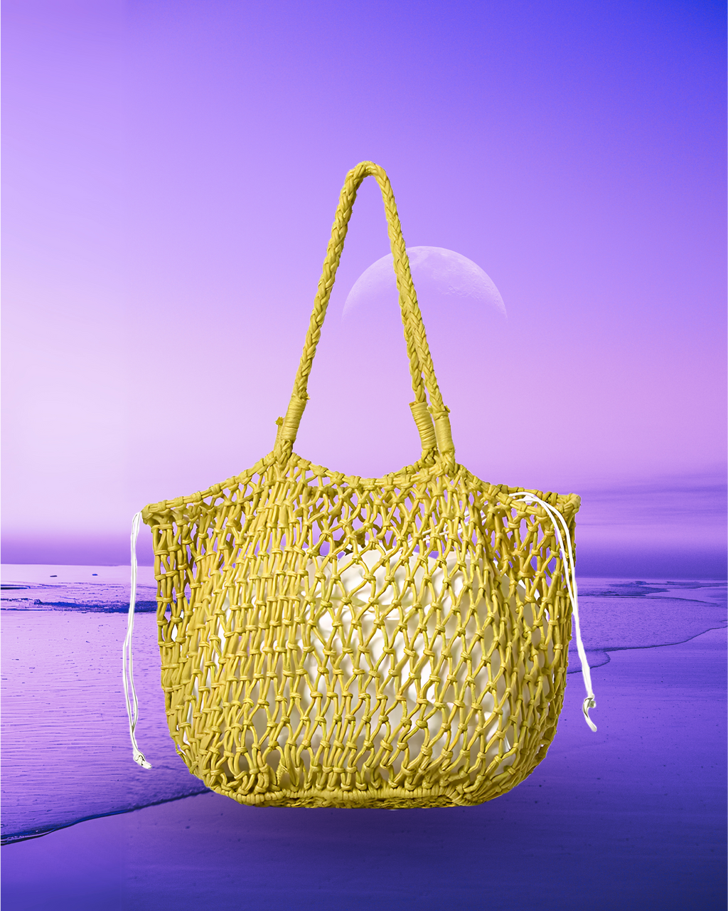 Square-shaped yellow macramé net tote bag with an open woven design, rounded corners, braided shoulder straps, and a drawstring inner pouch.
