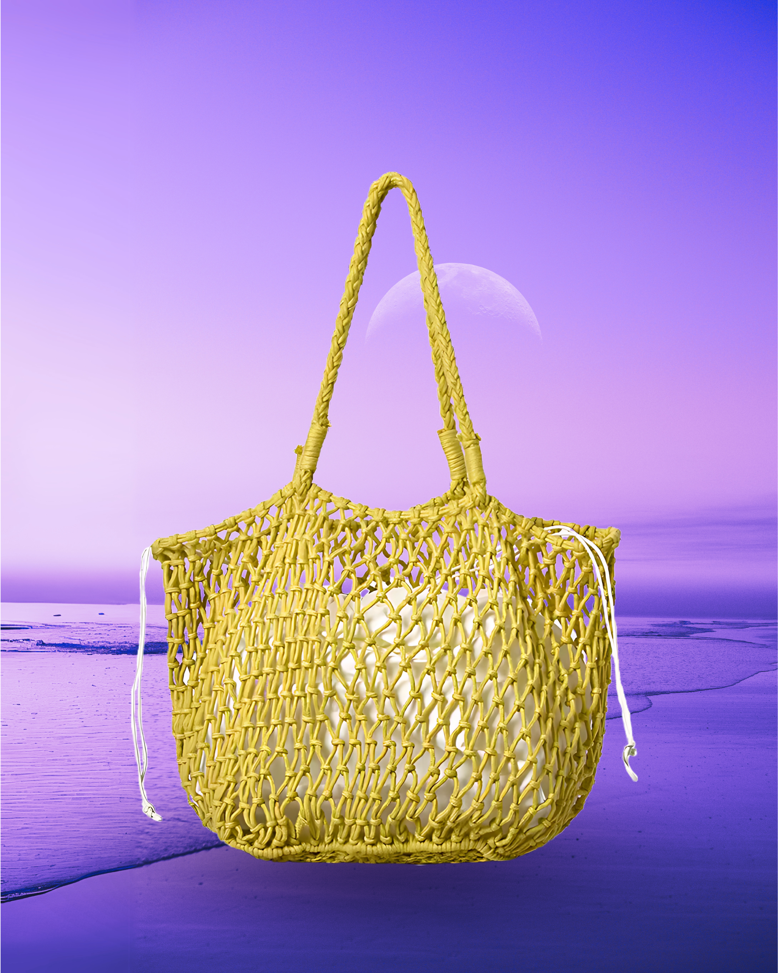 Square-shaped yellow macramé net tote bag with an open woven design, rounded corners, braided shoulder straps, and a drawstring inner pouch.