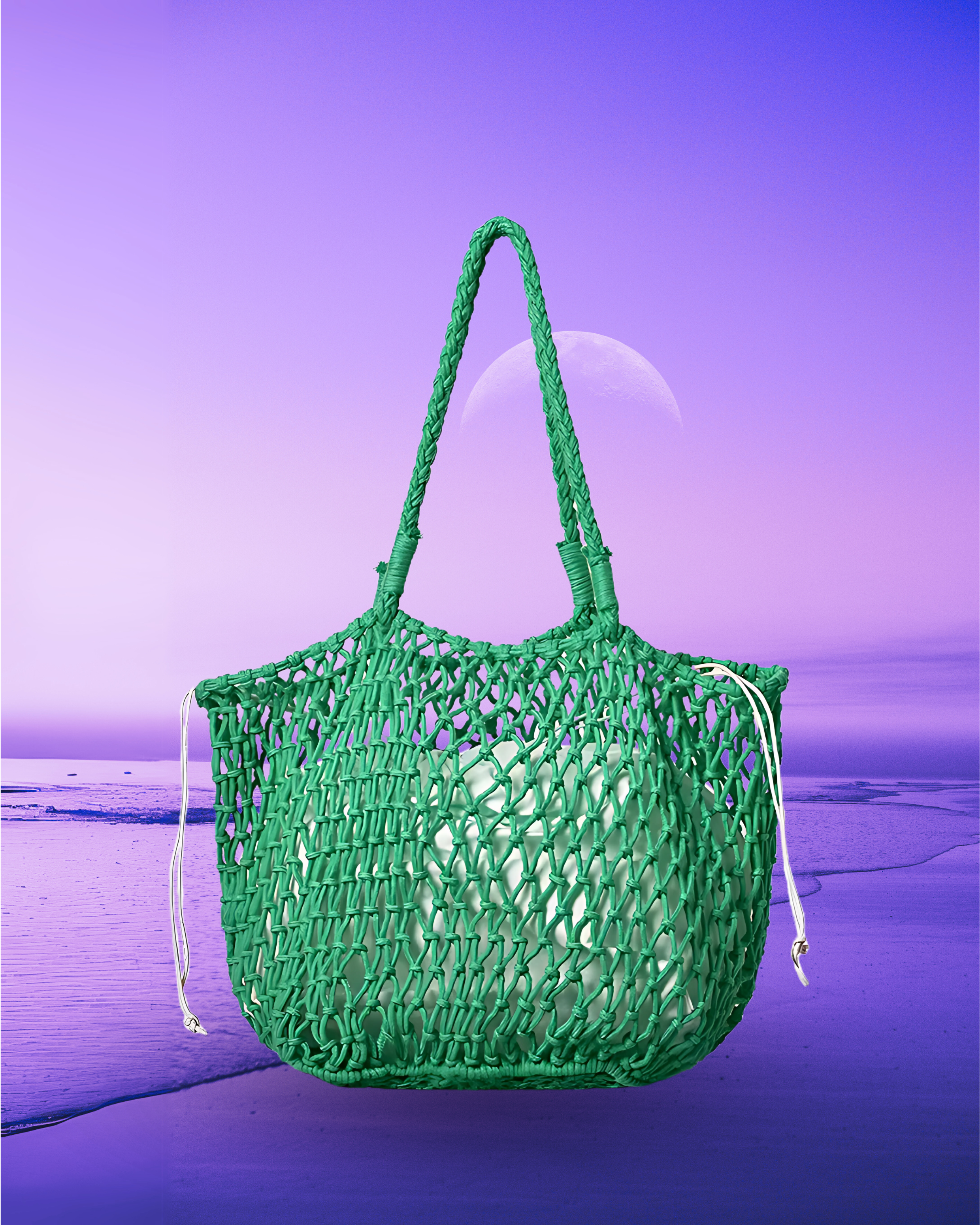 Square-shaped green macramé net tote bag with an open woven design, rounded corners, braided shoulder straps, and a drawstring inner pouch. 