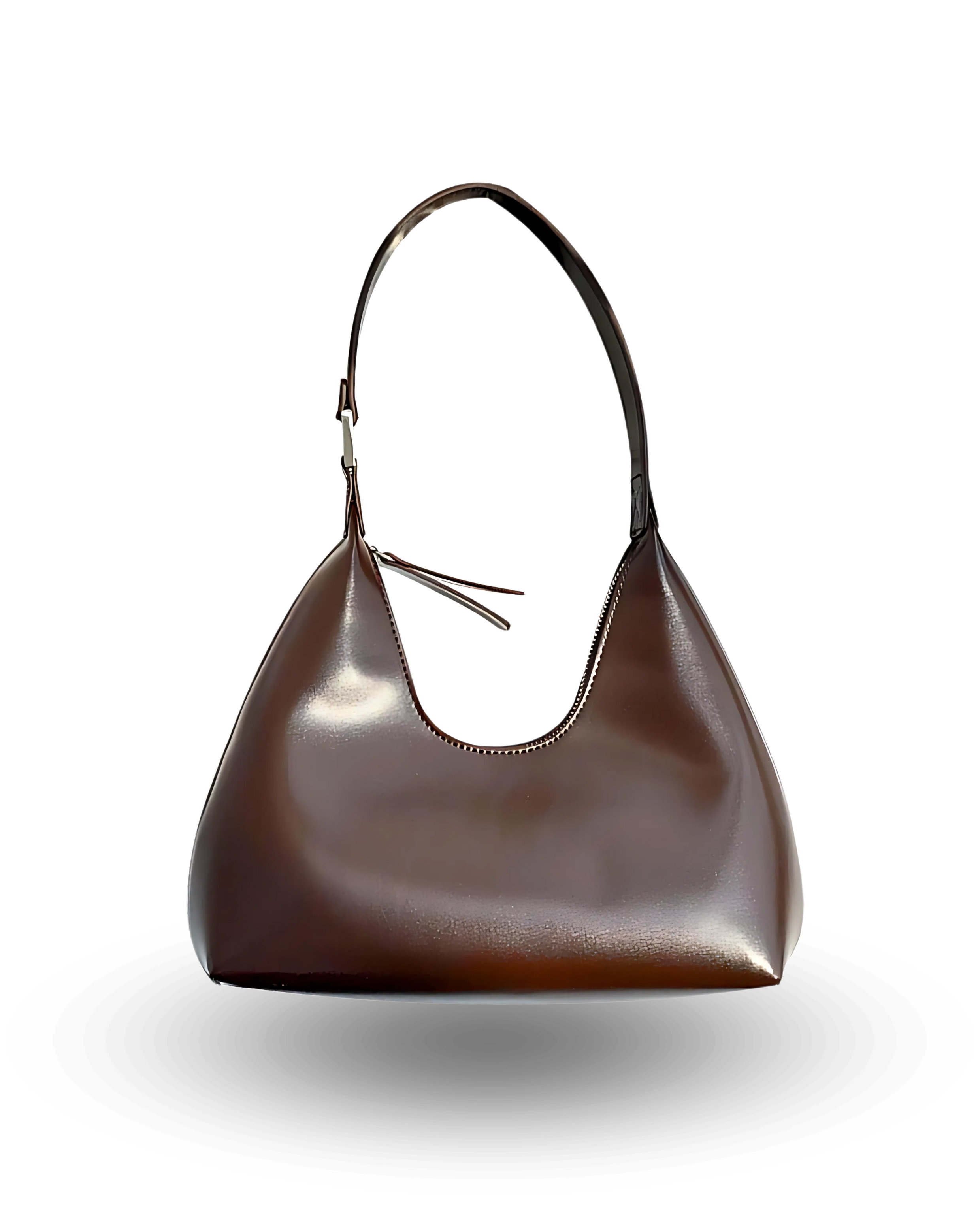 Chic chocolate brown shoulder bag for women with soft crescent shape, single strap, zip-top closure, and smooth vegan leather finish — stylish minimalist purse for everyday or evening wear.