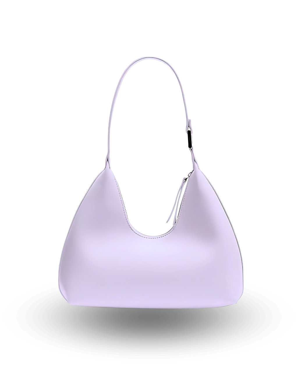 Chic lavender shoulder bag for women with soft crescent shape, single strap, zip-top closure, and smooth vegan leather finish — stylish minimalist purse for everyday or evening wear.