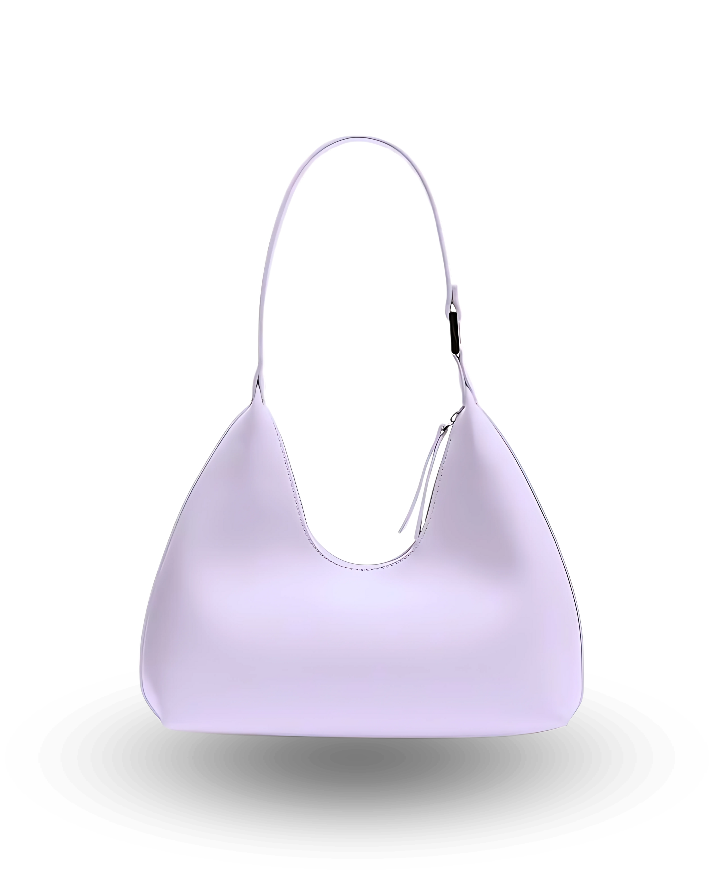 Chic lavender shoulder bag for women with soft crescent shape, single strap, zip-top closure, and smooth vegan leather finish — stylish minimalist purse for everyday or evening wear.