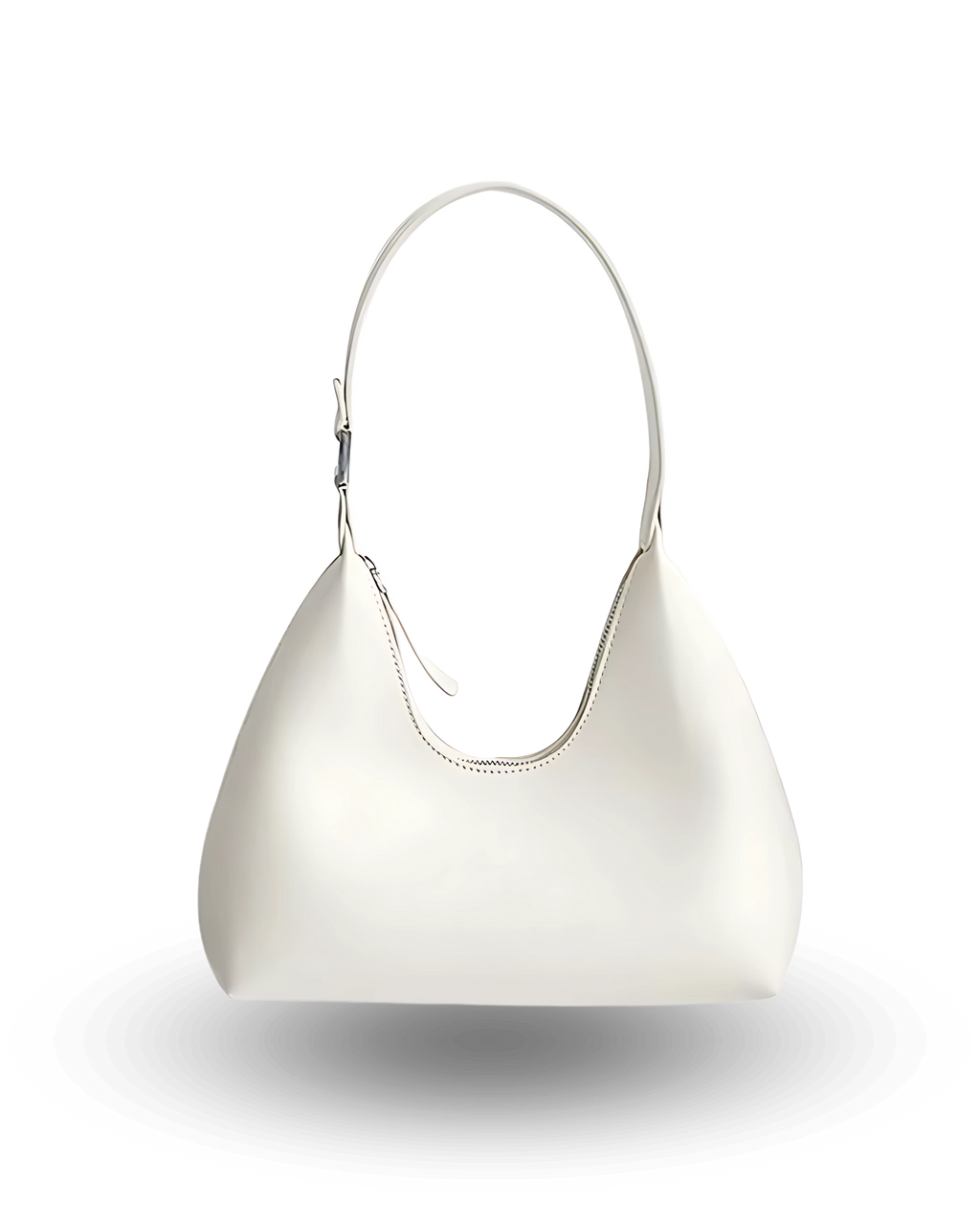 Chic white shoulder bag for women with soft crescent shape, single strap, zip-top closure, and smooth vegan leather finish — stylish minimalist purse for everyday or evening wear.