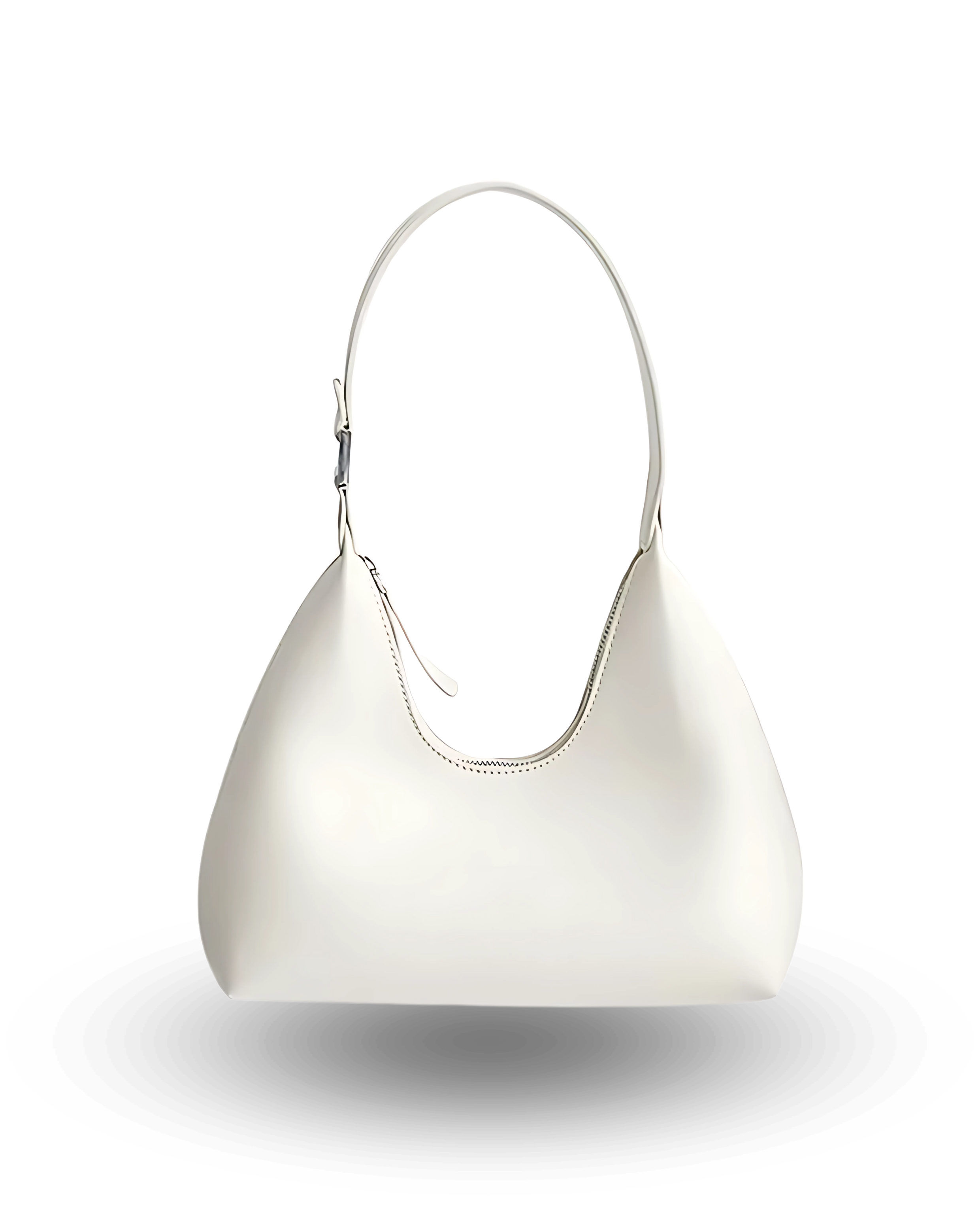 Chic white shoulder bag for women with soft crescent shape, single strap, zip-top closure, and smooth vegan leather finish — stylish minimalist purse for everyday or evening wear.