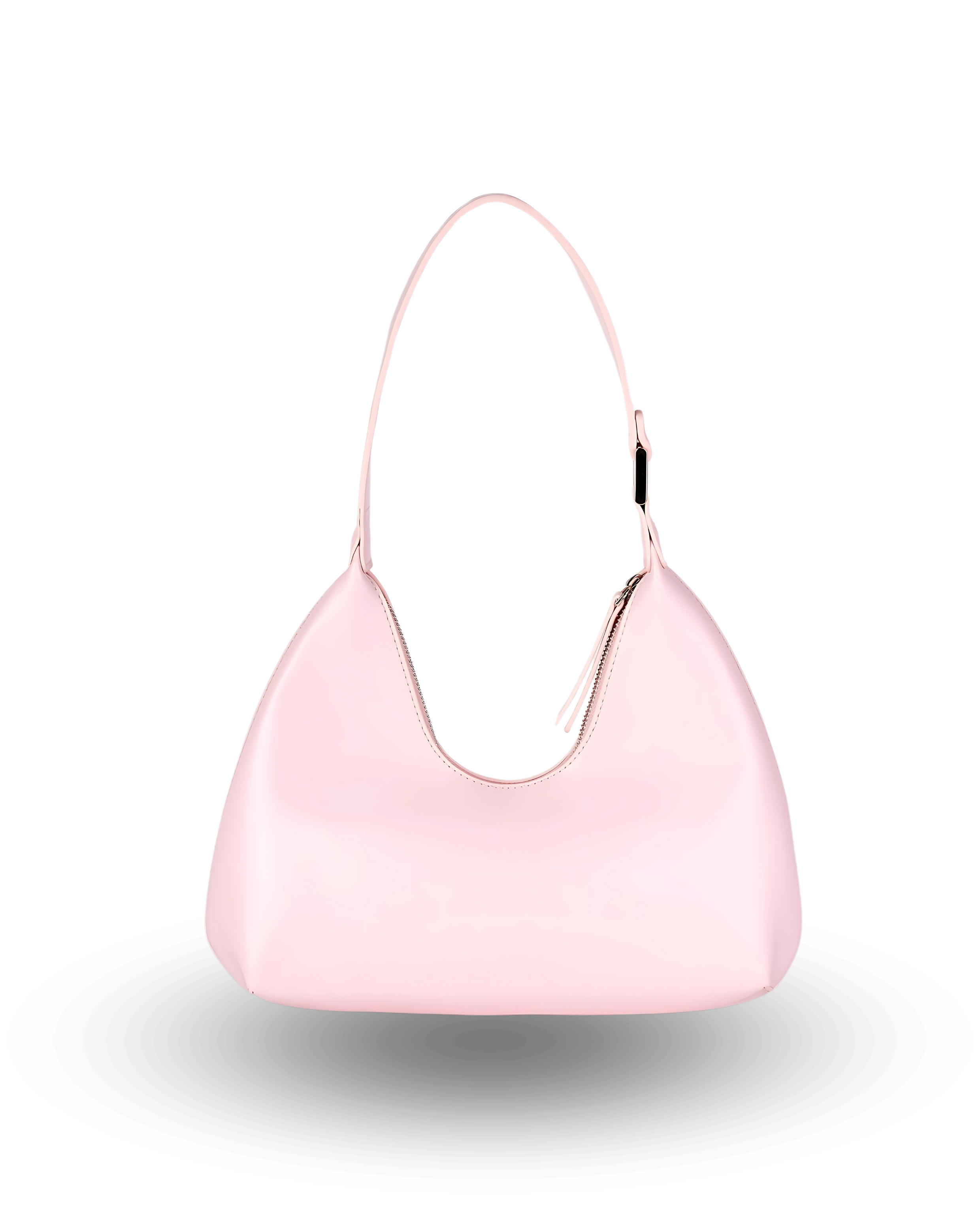 Chic pink shoulder bag for women with soft crescent shape, single strap, zip-top closure, and smooth vegan leather finish — stylish minimalist purse for everyday or evening wear.