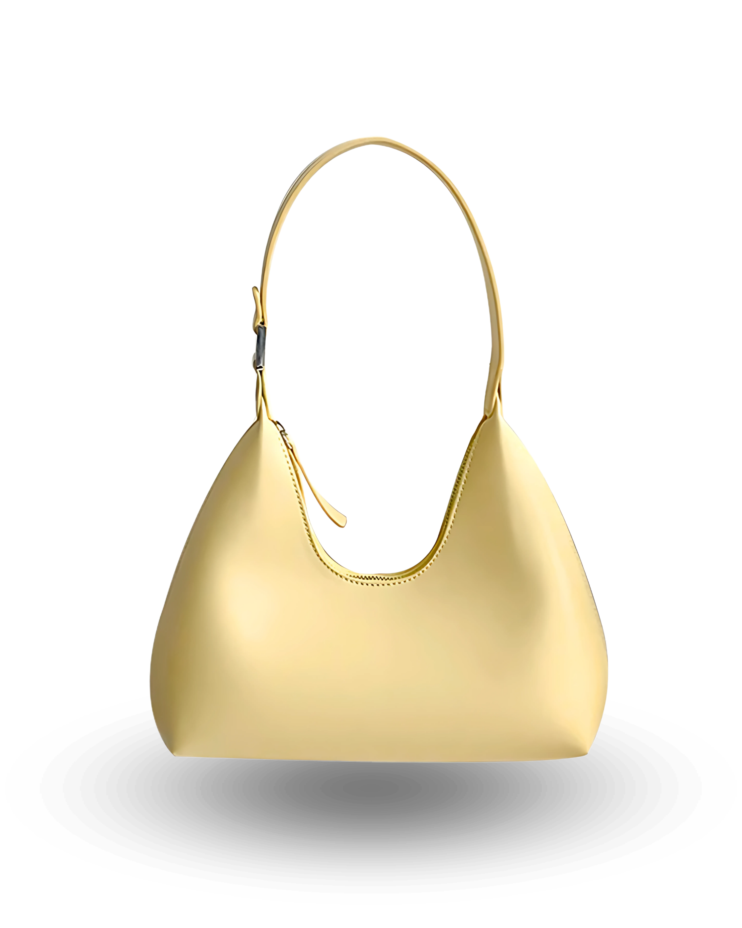 Chic yellow shoulder bag for women with soft crescent shape, single strap, zip-top closure, and smooth vegan leather finish — stylish minimalist purse for everyday or evening wear.
