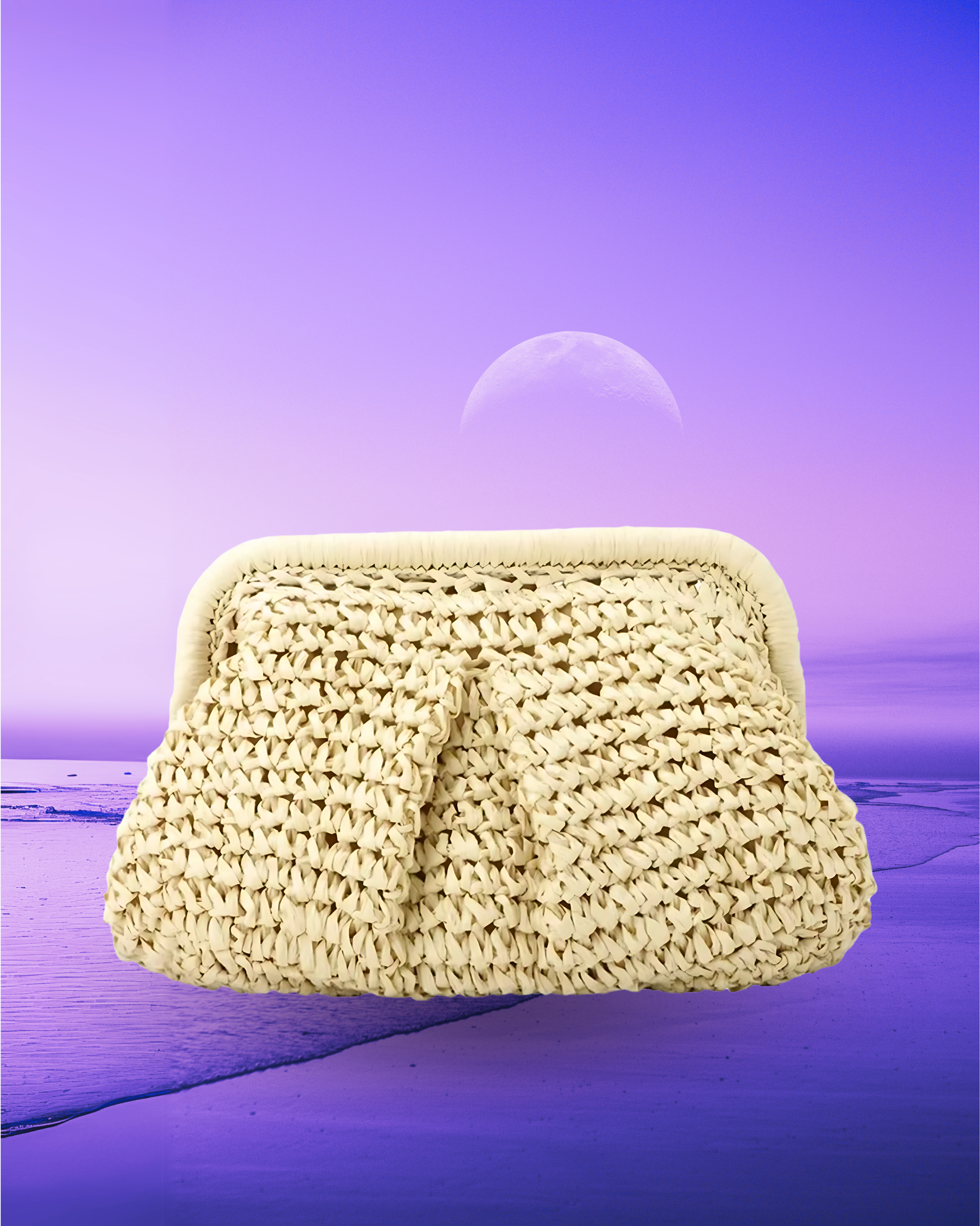 Rectangular woven raffia clutch bag with a soft pleated body, structured frame closure, and compact grab-and-go silhouette.