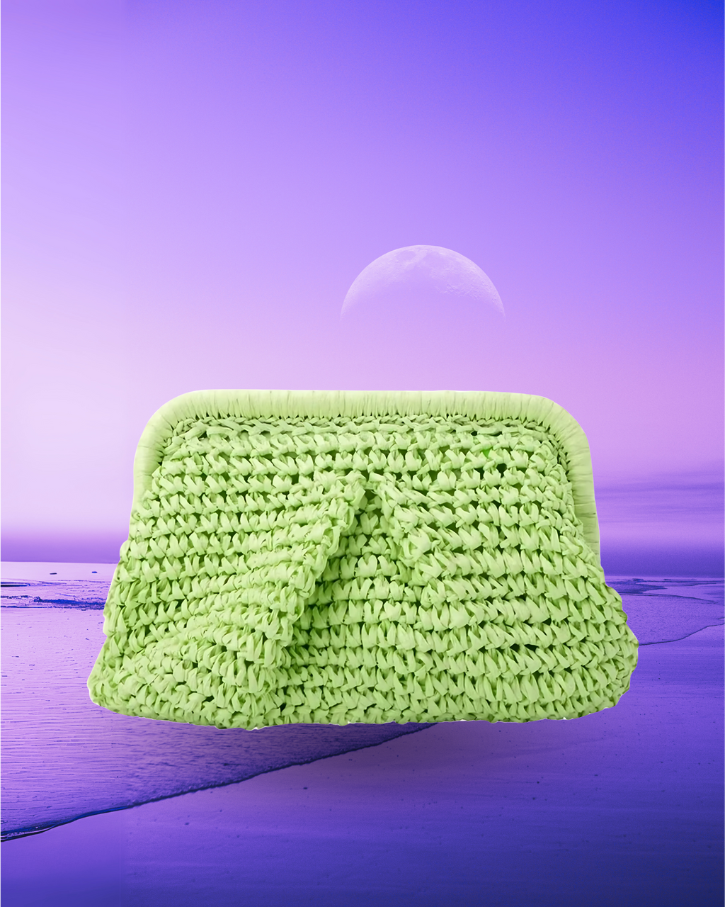 Rectangular woven raffia clutch bag with a soft pleated body, structured frame closure, and compact grab-and-go silhouette.