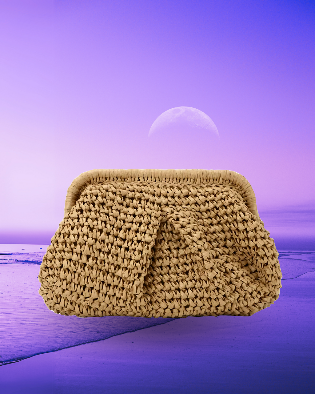 Rectangular woven raffia clutch bag with a soft pleated body, structured frame closure, and compact grab-and-go silhouette.