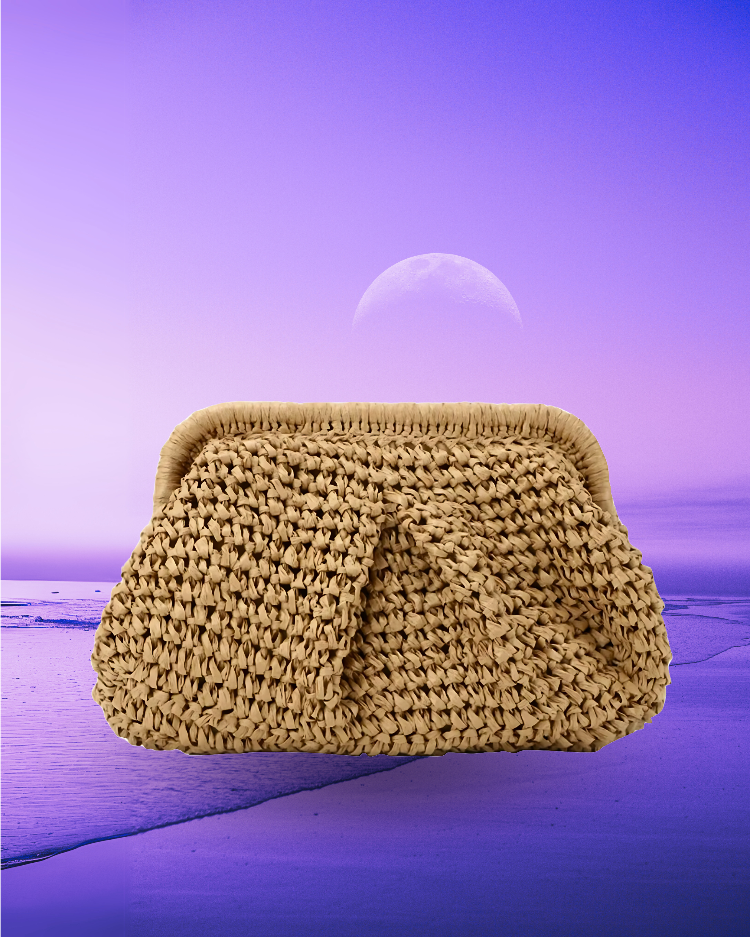 Rectangular woven raffia clutch bag with a soft pleated body, structured frame closure, and compact grab-and-go silhouette.